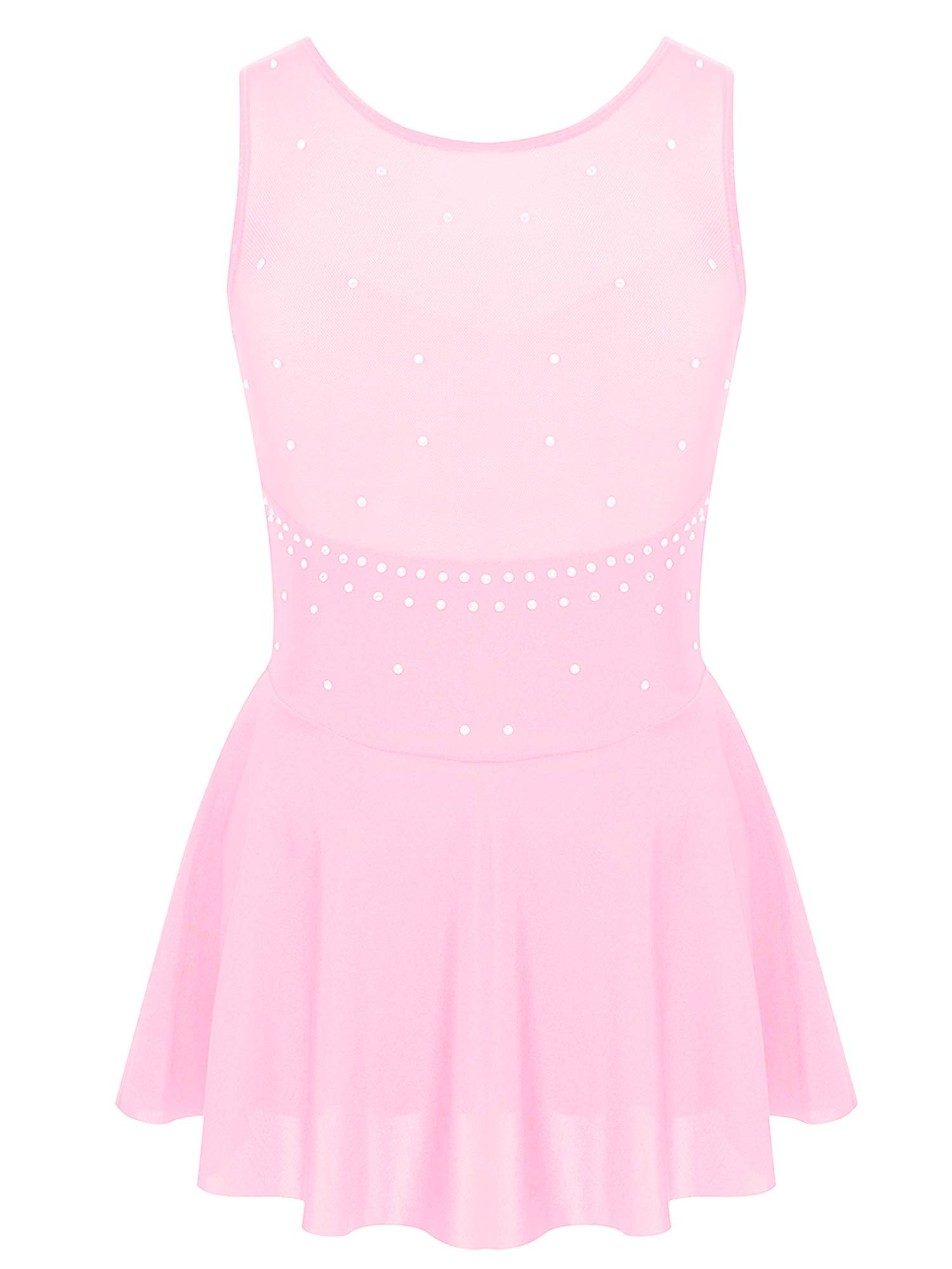 Kids Girls Sleeveless Sparkly Rhinestone Tulle Skating Leotard Dress