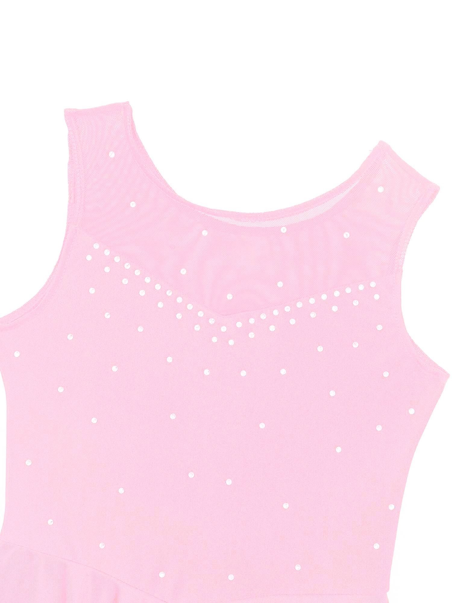 Kids Girls Sleeveless Sparkly Rhinestone Tulle Skating Leotard Dress