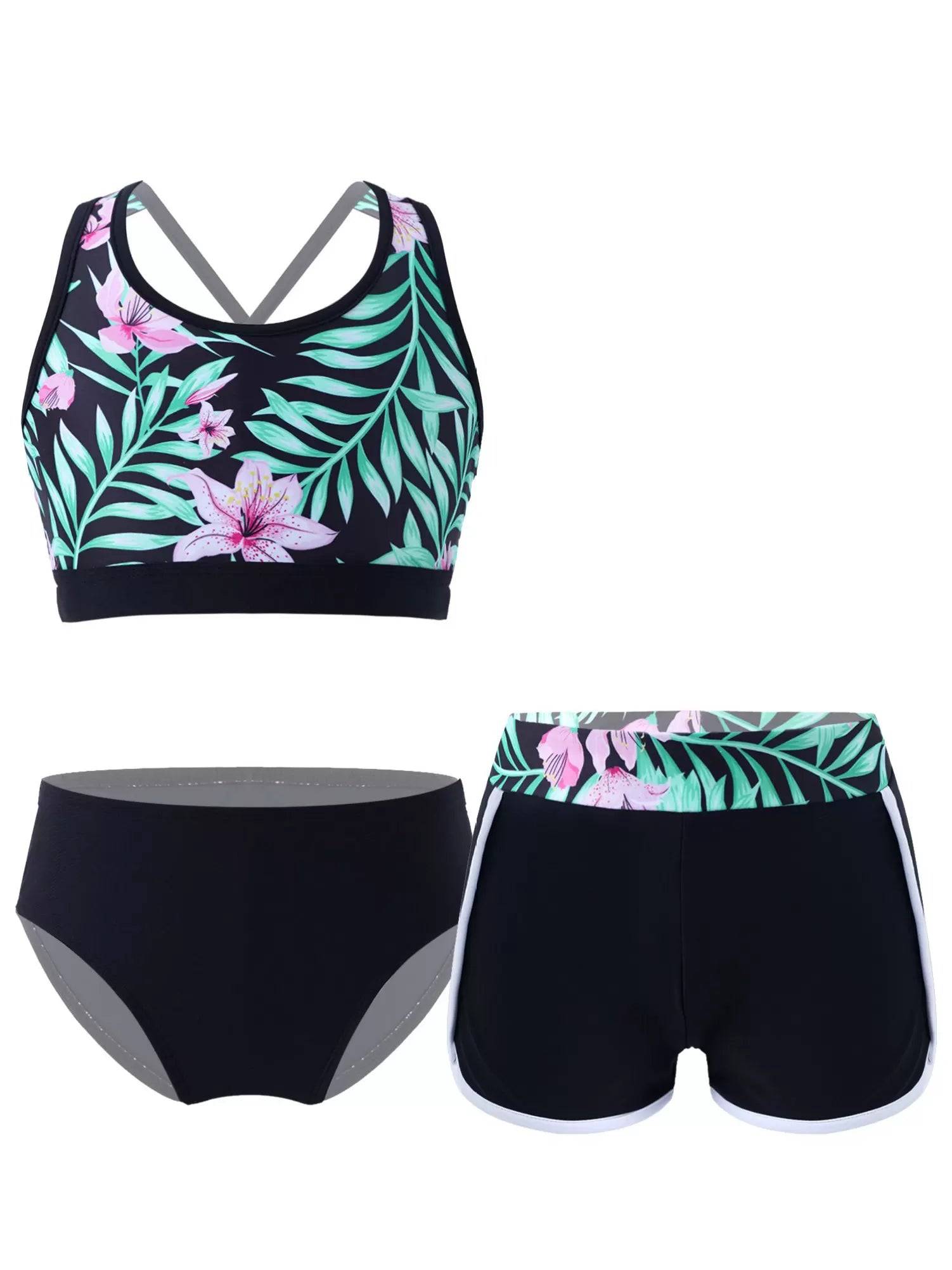 Kids Girls Tropical Flower Print Tankini and Boyshorts Swimsuit Set