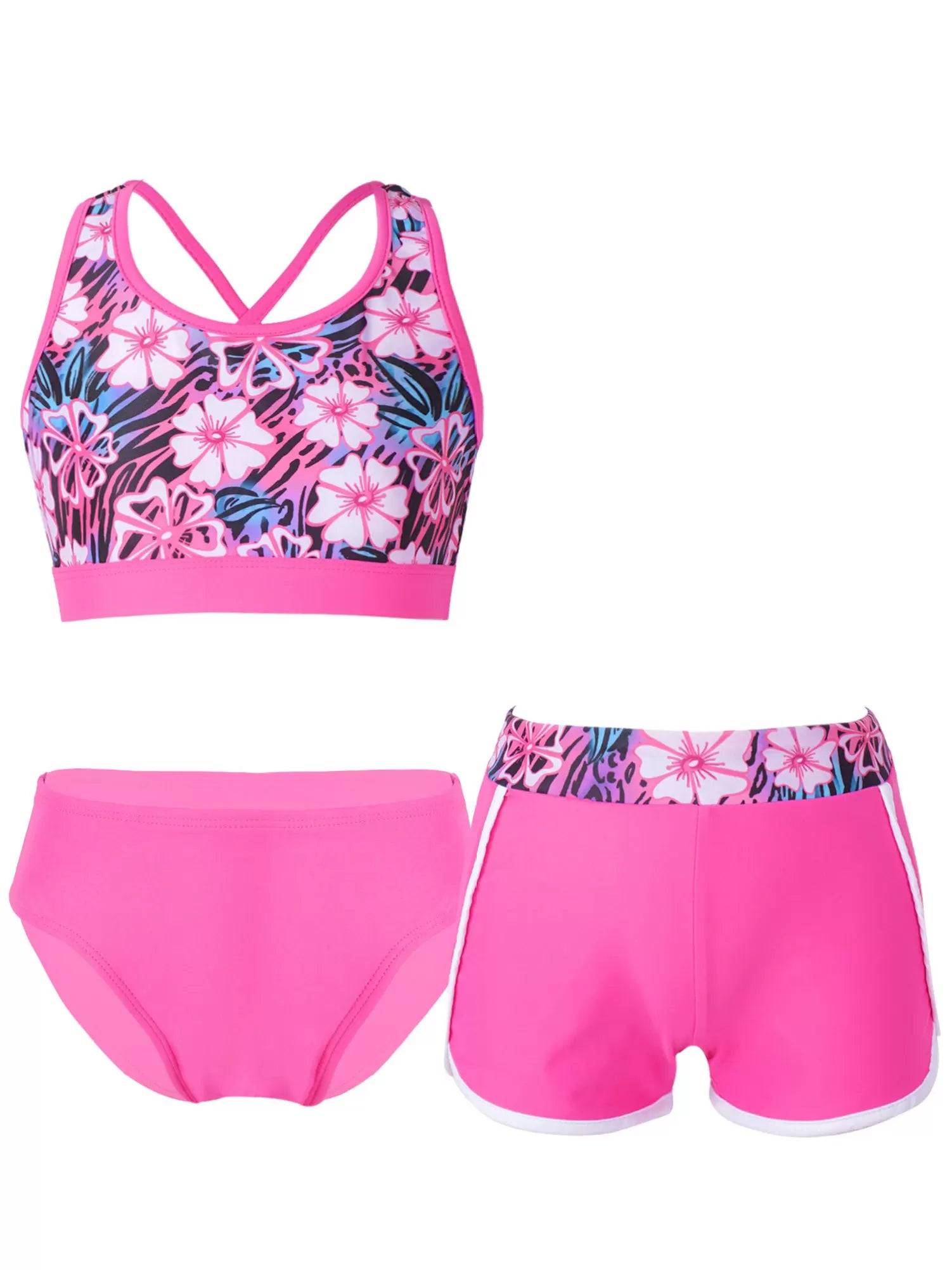 Kids Girls Tropical Flower Print Tankini and Boyshorts Swimsuit Set