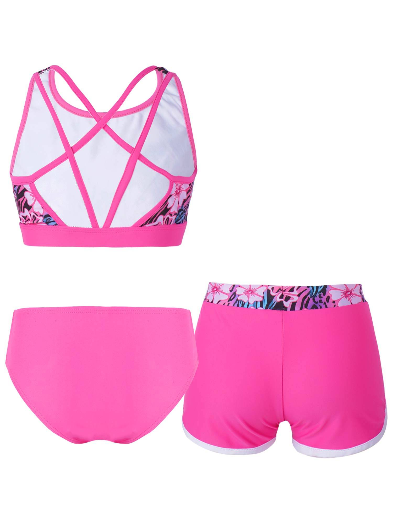 Kids Girls Tropical Flower Print Tankini and Boyshorts Swimsuit Set