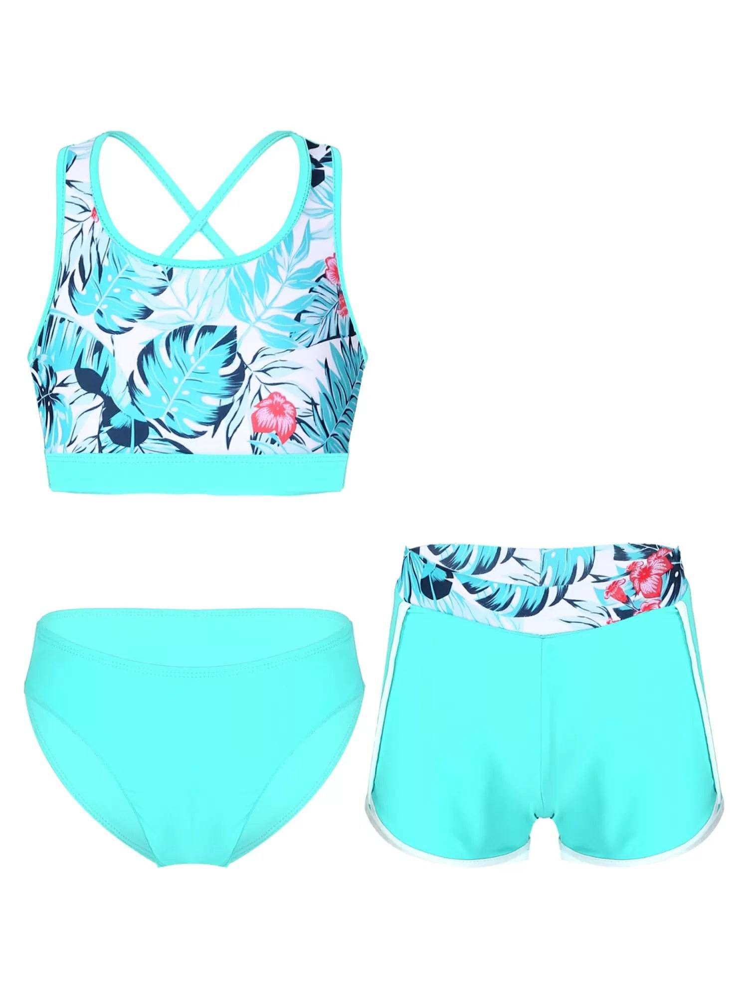 Kids Girls Tropical Flower Print Tankini and Boyshorts Swimsuit Set