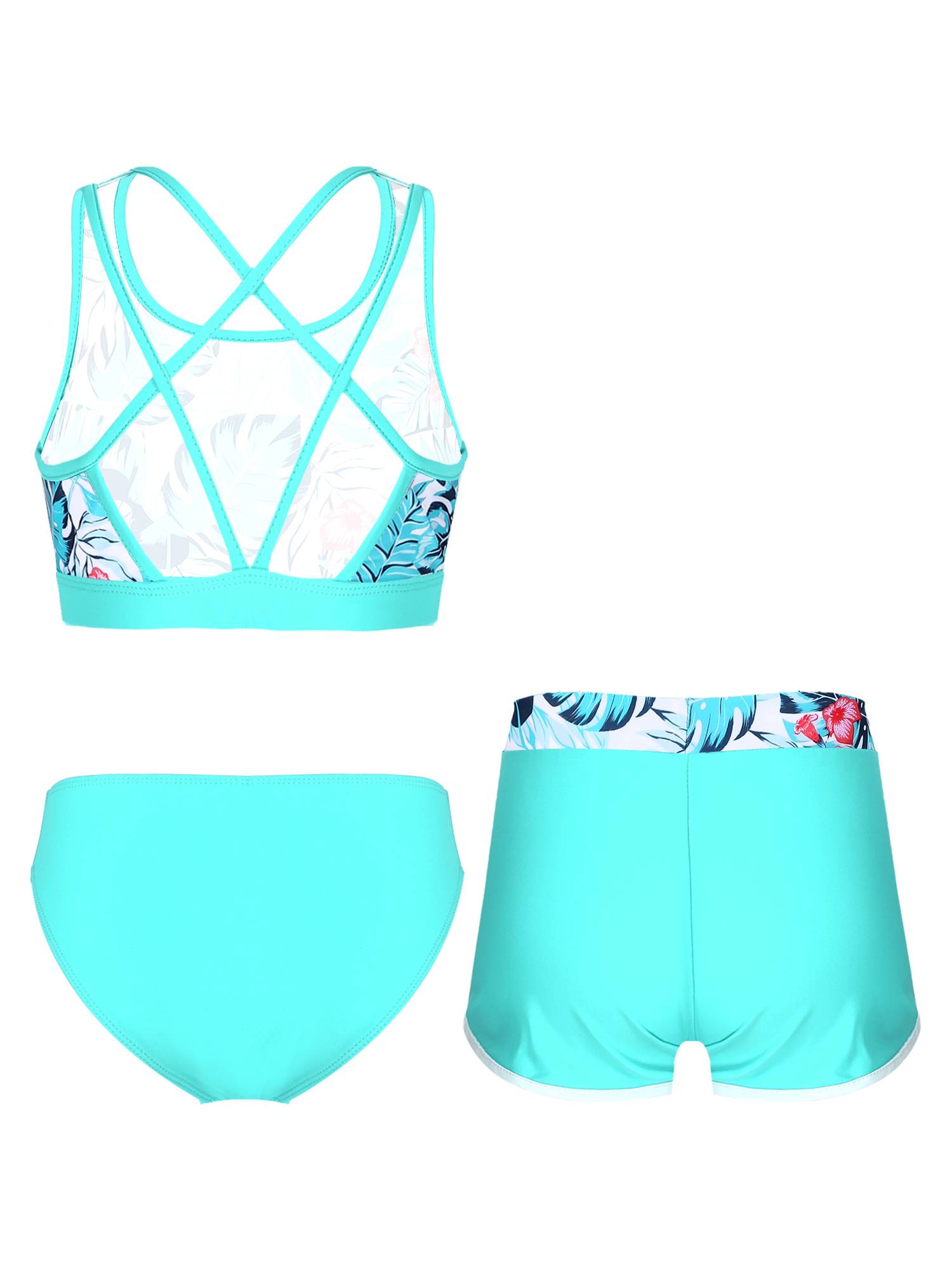 Kids Girls Tropical Flower Print Tankini and Boyshorts Swimsuit Set