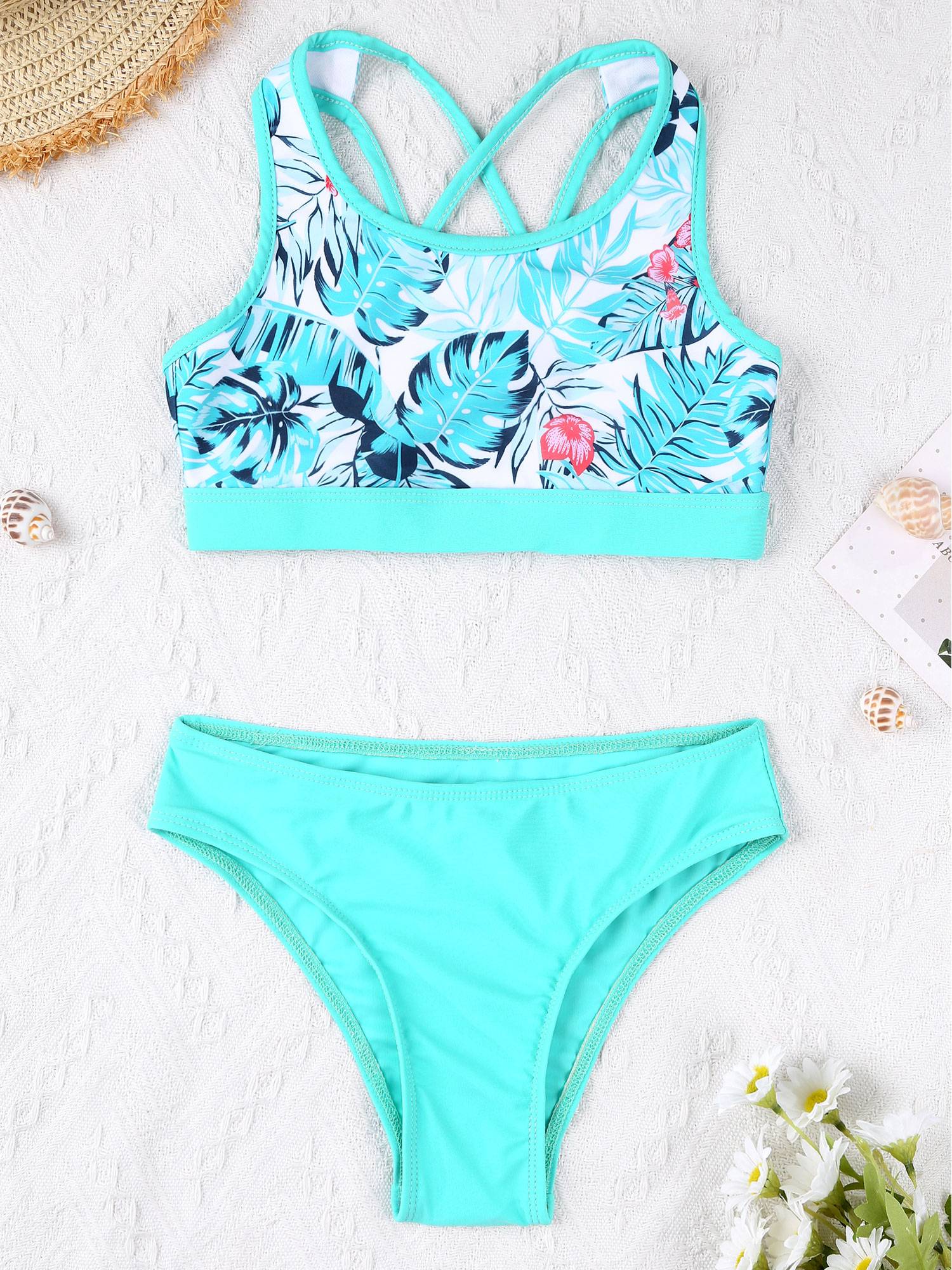 Kids Girls Tropical Flower Print Tankini and Boyshorts Swimsuit Set