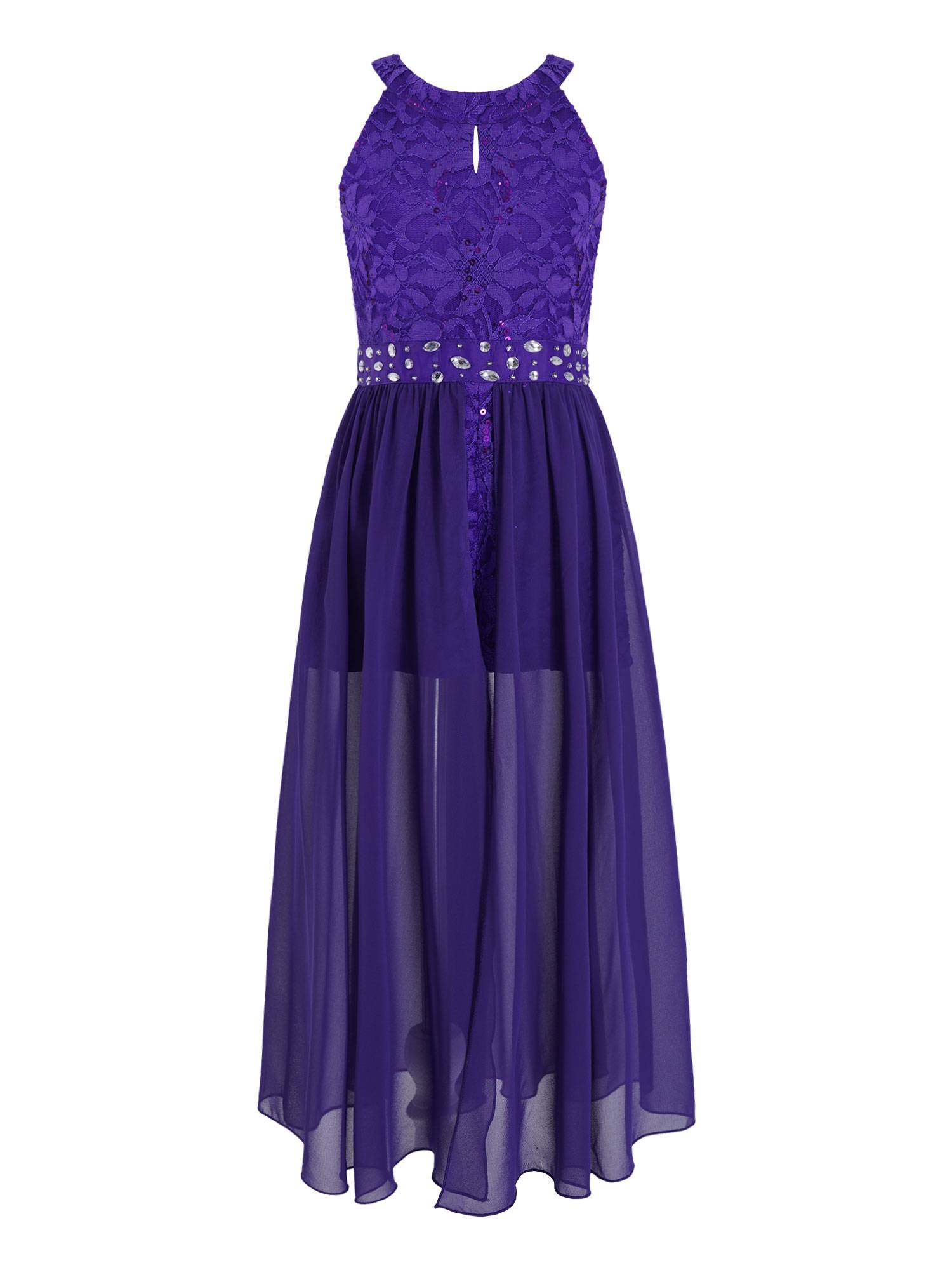 Girls Sleeveless Floral Lace Maxi Romper Prom Dress