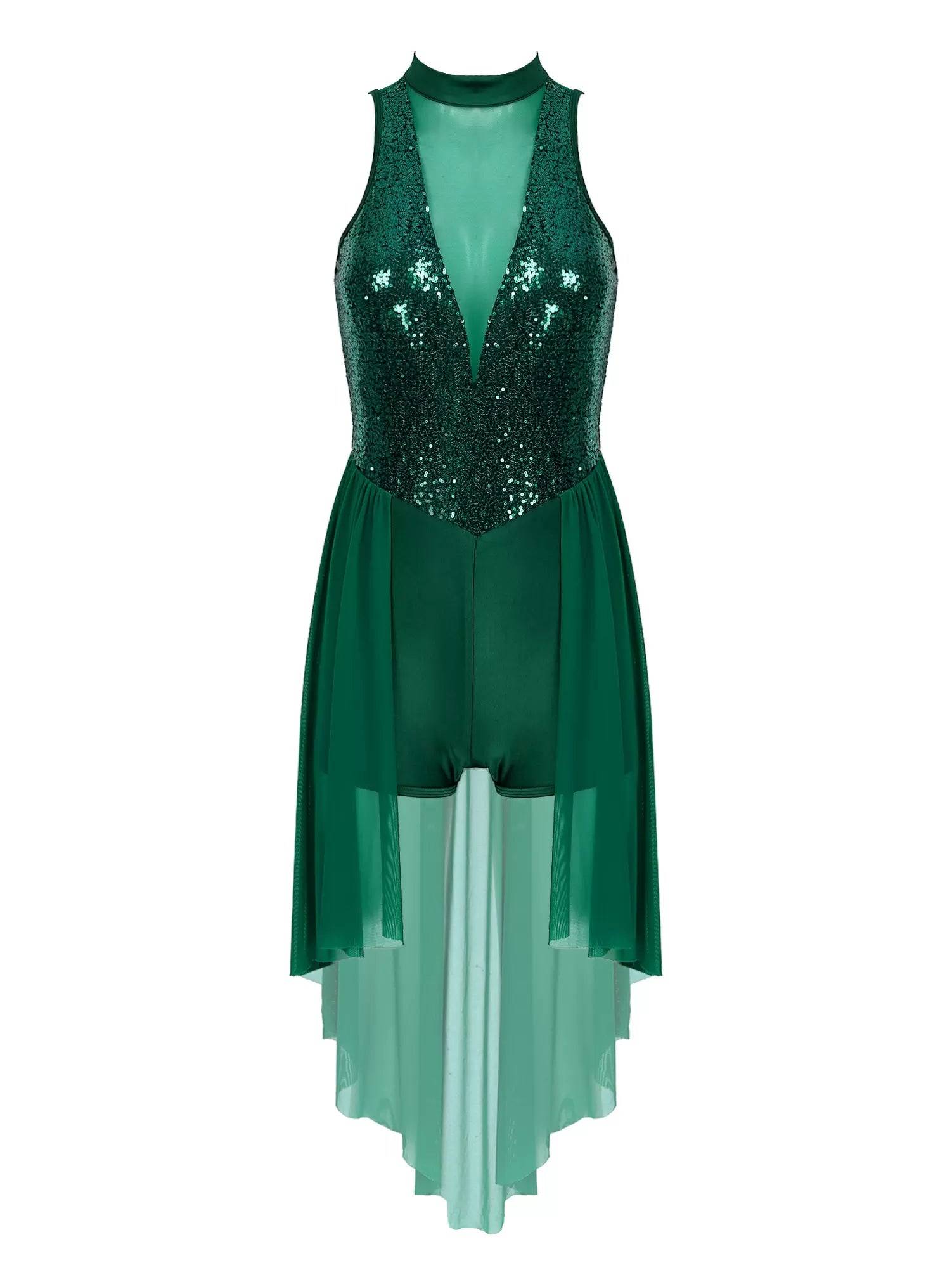 Women Sleeveless Sequin Mesh Contemporary Dance Jumpsuit Dress