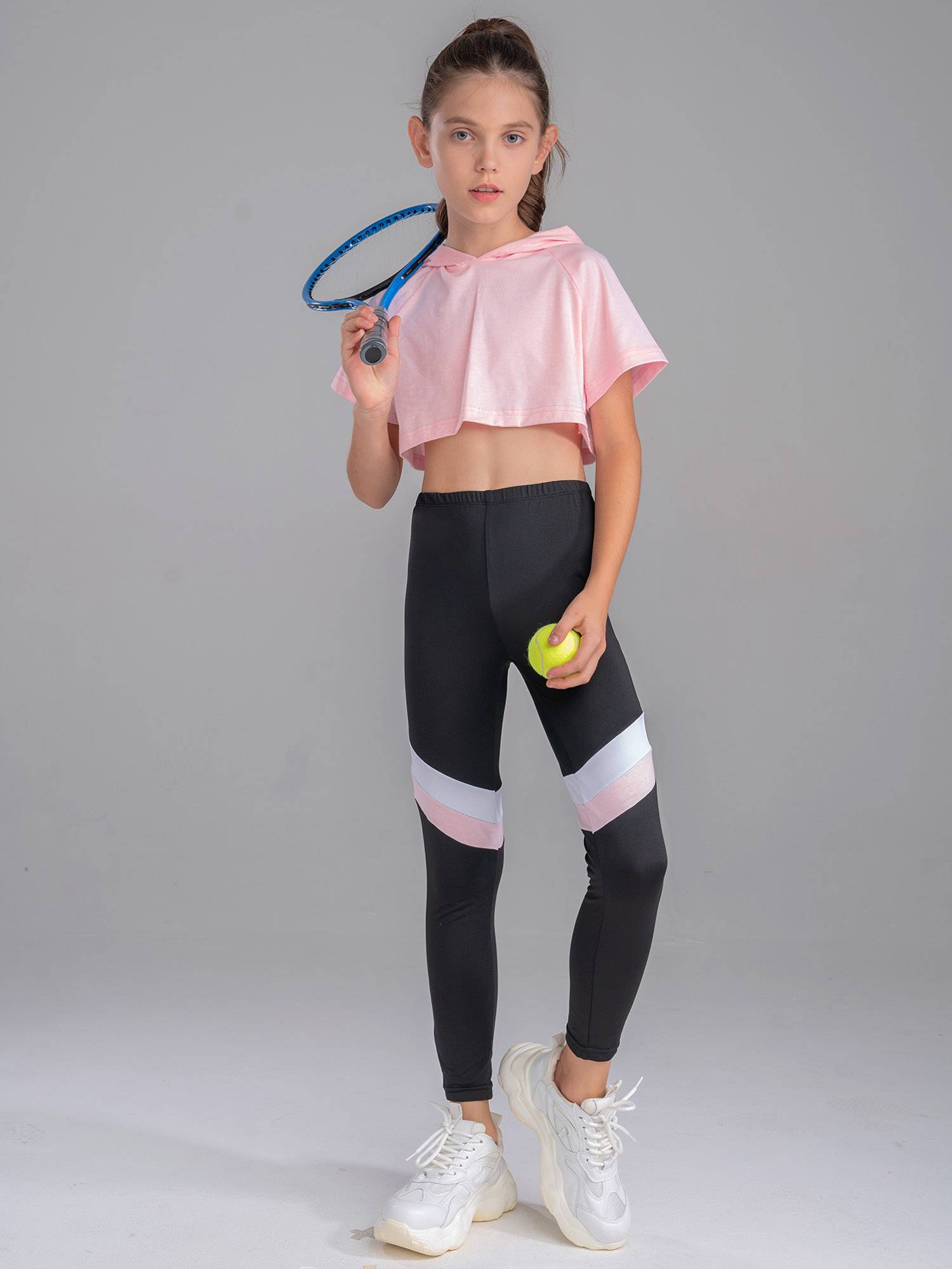 Kids Girls 2Pcs Short Sleeves Hoodie Crop Tops and Pants Sport Set