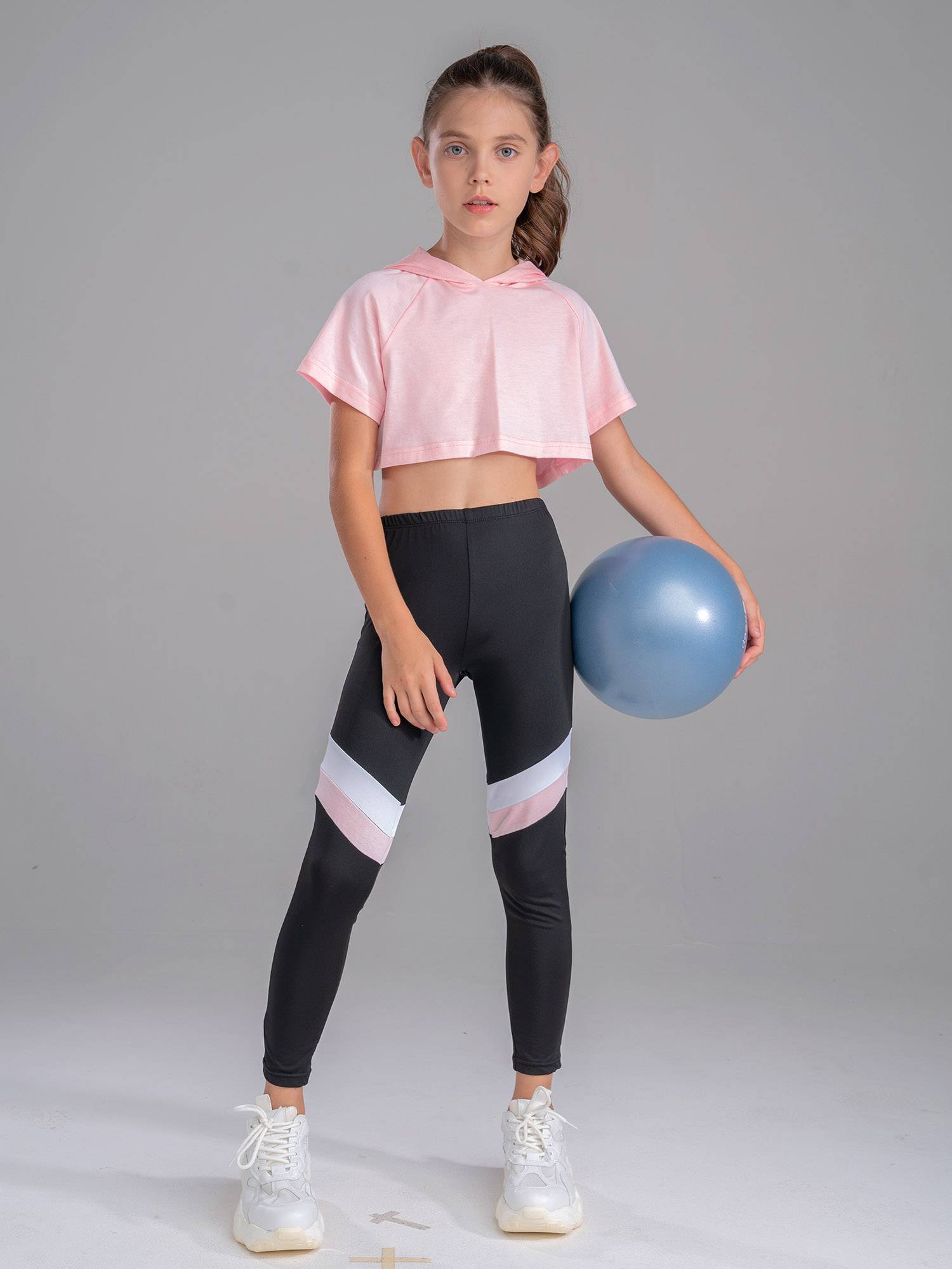 Kids Girls 2Pcs Short Sleeves Hoodie Crop Tops and Pants Sport Set