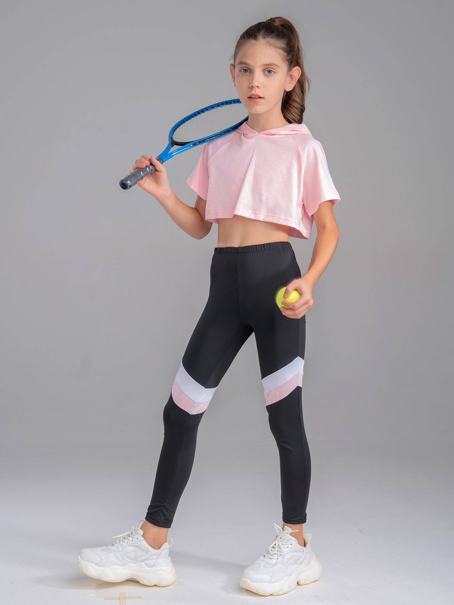 Kids Girls 2Pcs Short Sleeves Hoodie Crop Tops and Pants Sport Set