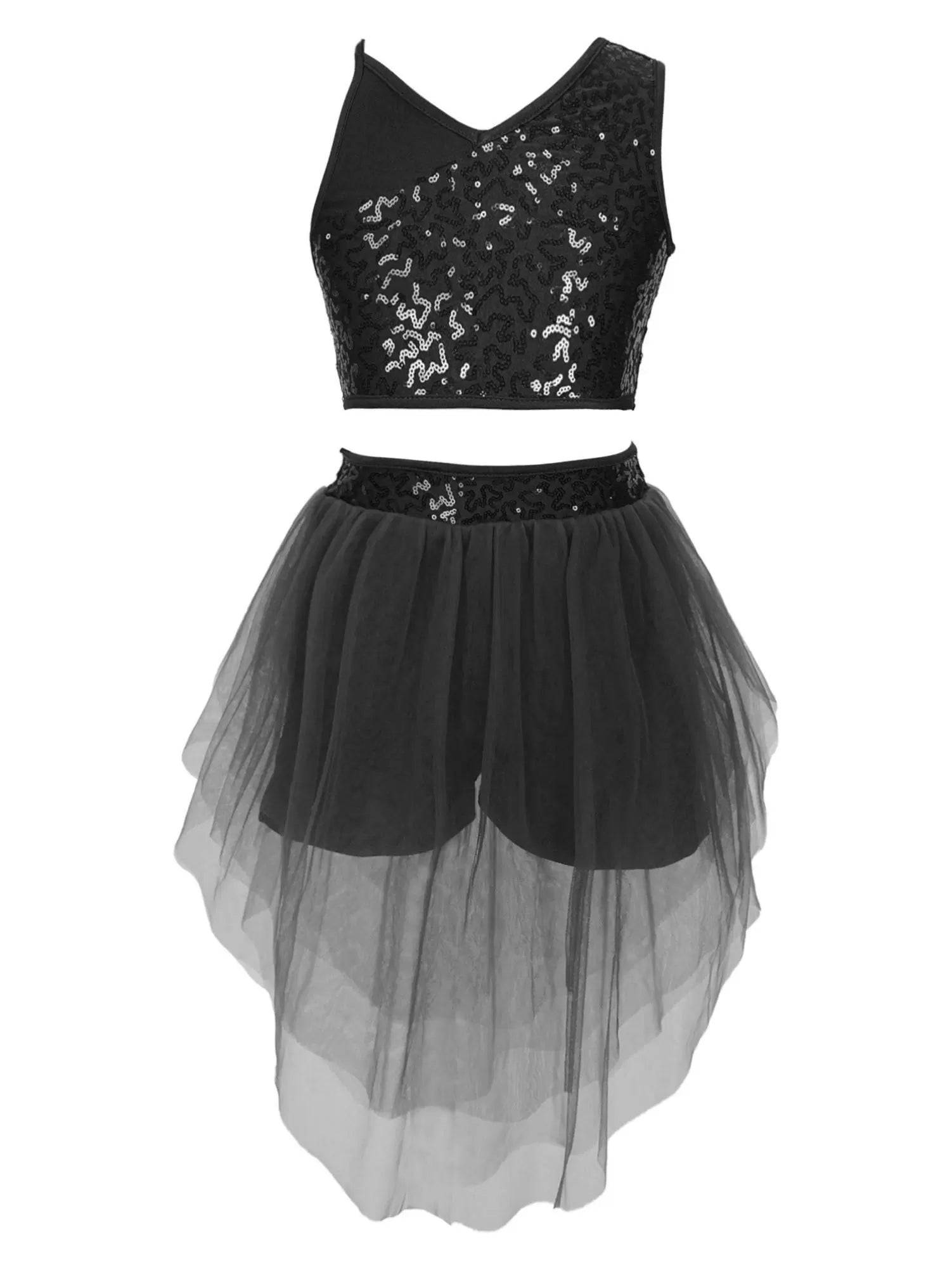 Kids Girls 2pcs Sleeveless Sequin Crop Top and Mesh Skirt Latin Set
