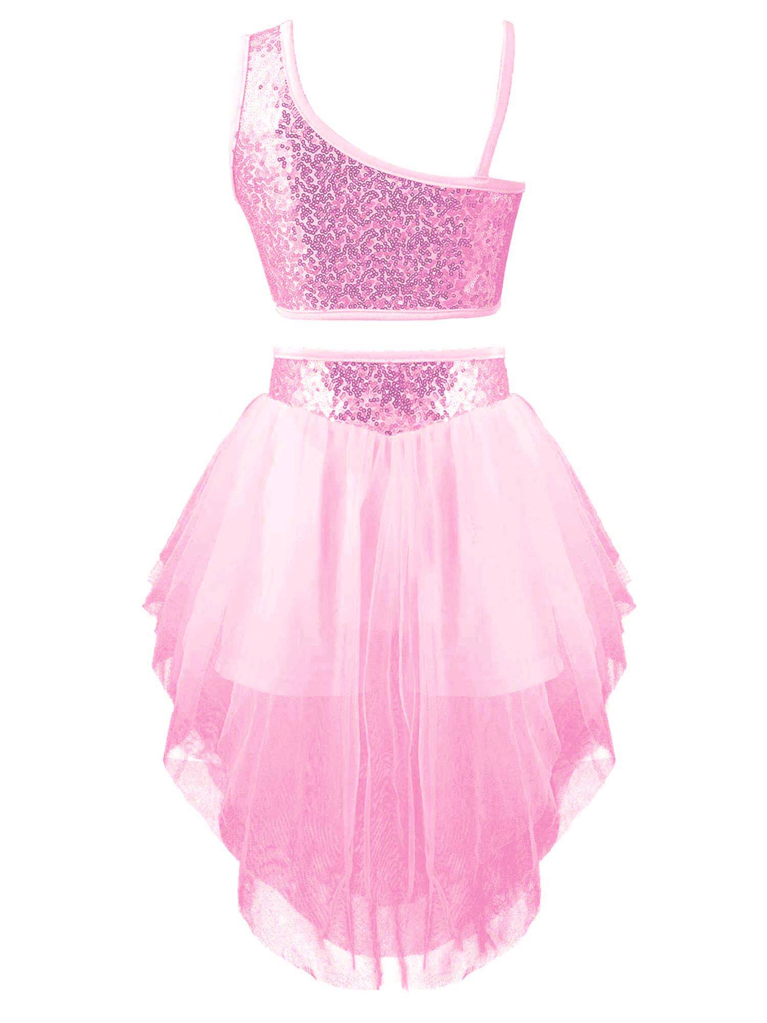 Kids Girls 2pcs Sleeveless Sequin Crop Top and Mesh Skirt Latin Set