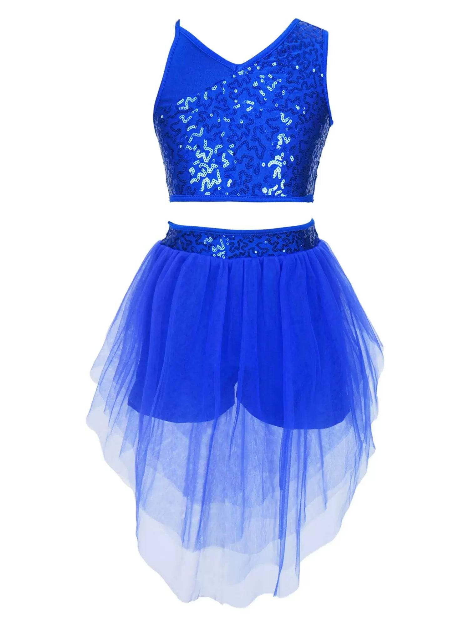 Kids Girls 2pcs Sleeveless Sequin Crop Top and Mesh Skirt Latin Set