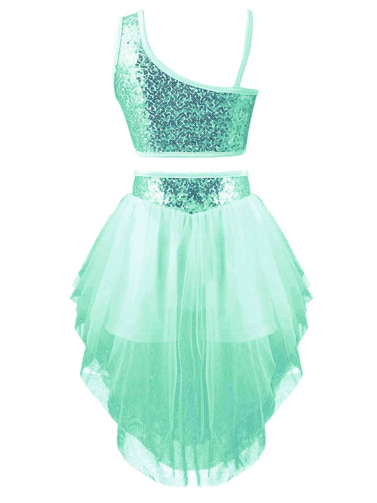 Kids Girls 2pcs Sleeveless Sequin Crop Top and Mesh Skirt Latin Set