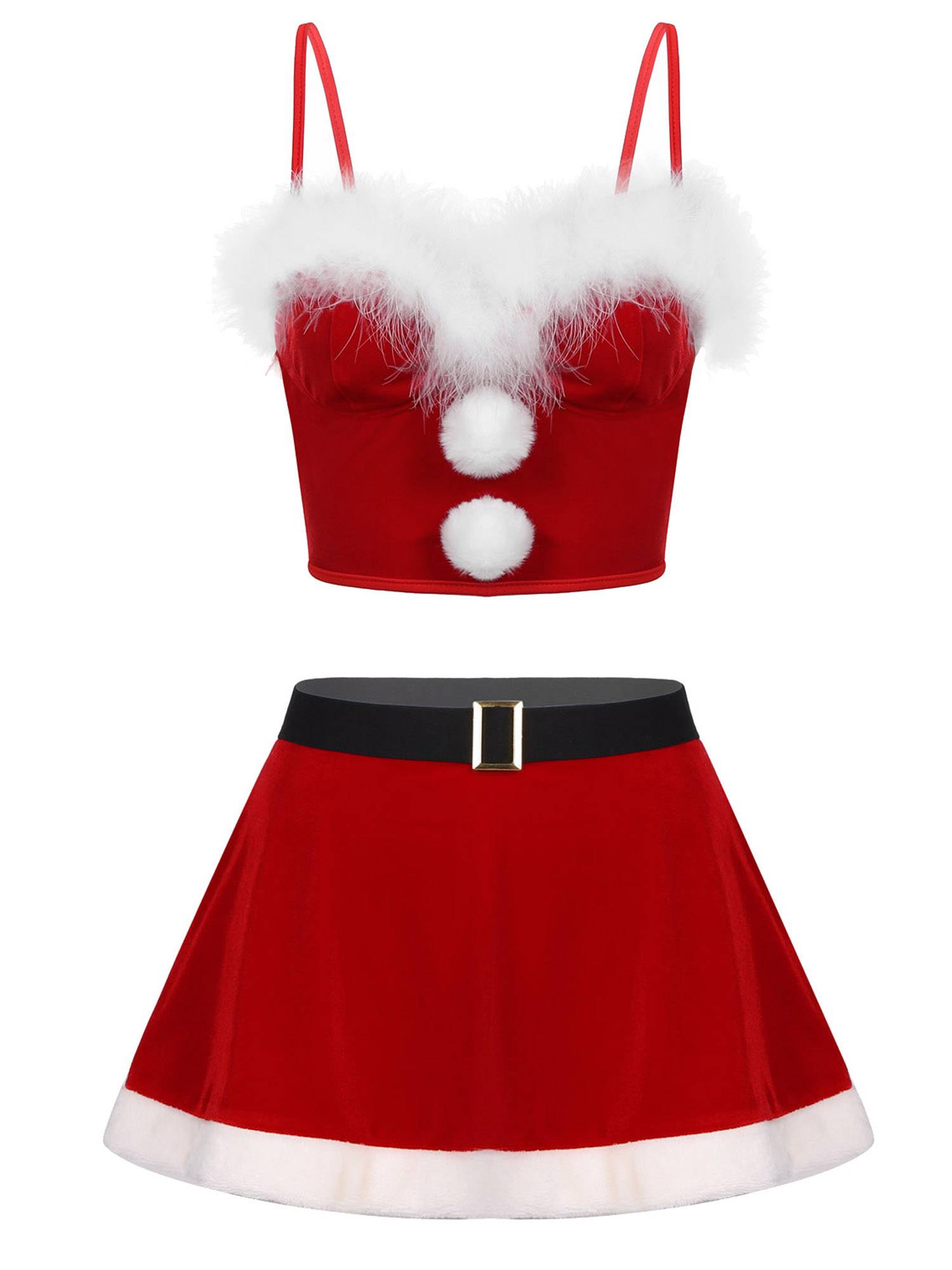 Women 2pcs Christmas Flannel Faux Fur Crop Top and Miniskirt Set