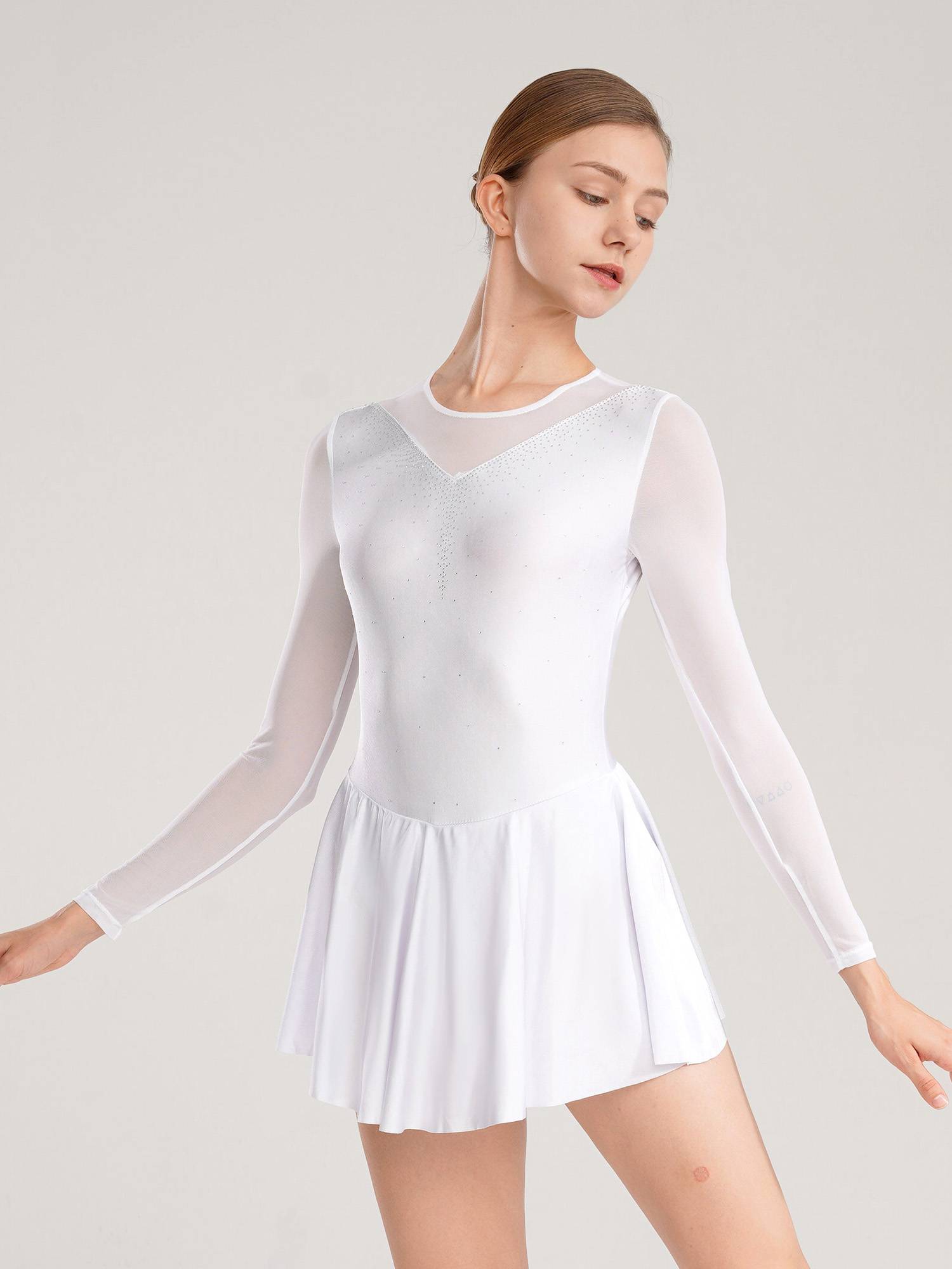 Women Shiny Rhinestone Mesh Sleeves Figure Skating Leotard Dresses