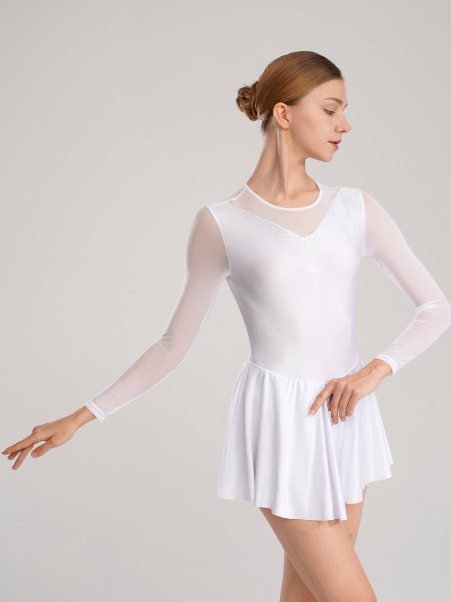 Women Shiny Rhinestone Mesh Sleeves Figure Skating Leotard Dresses