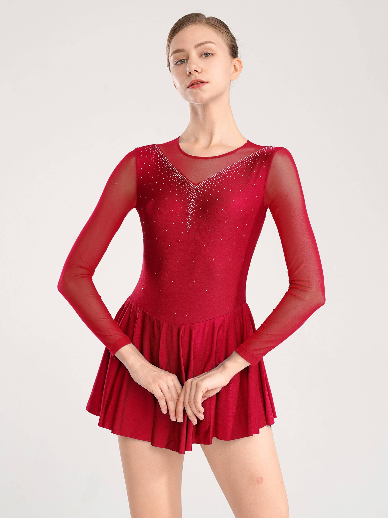 Women Shiny Rhinestone Mesh Sleeves Figure Skating Leotard Dresses