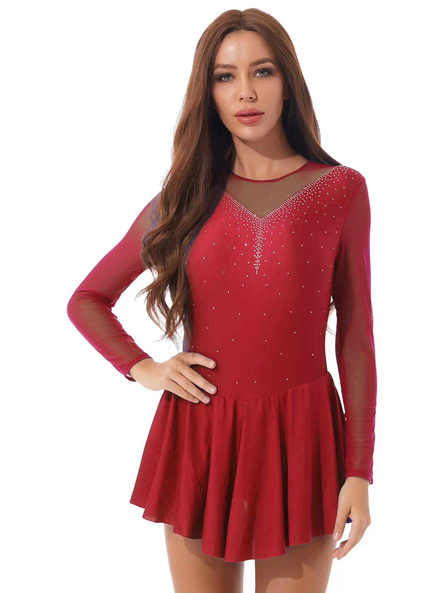 Women Shiny Rhinestone Mesh Sleeves Figure Skating Leotard Dresses