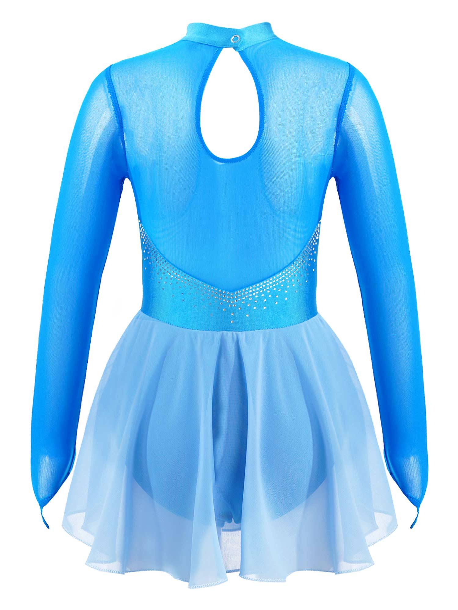 Kids Girls Long Sleeve Hollow Back Skating Dance Leotard Dress