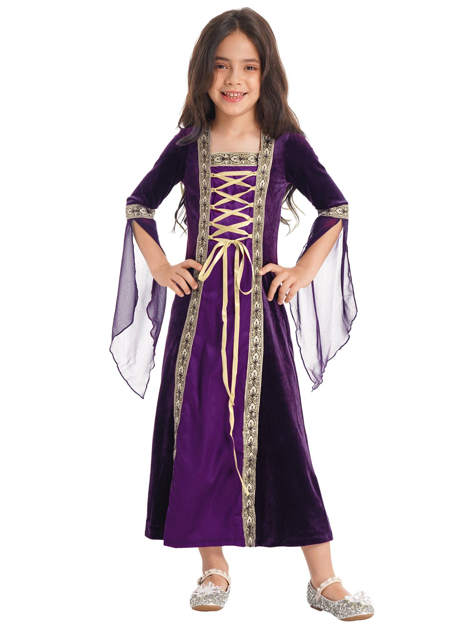 Kids Girls Long Sleeves Embroidered Vintage Renaissance Midi Dress