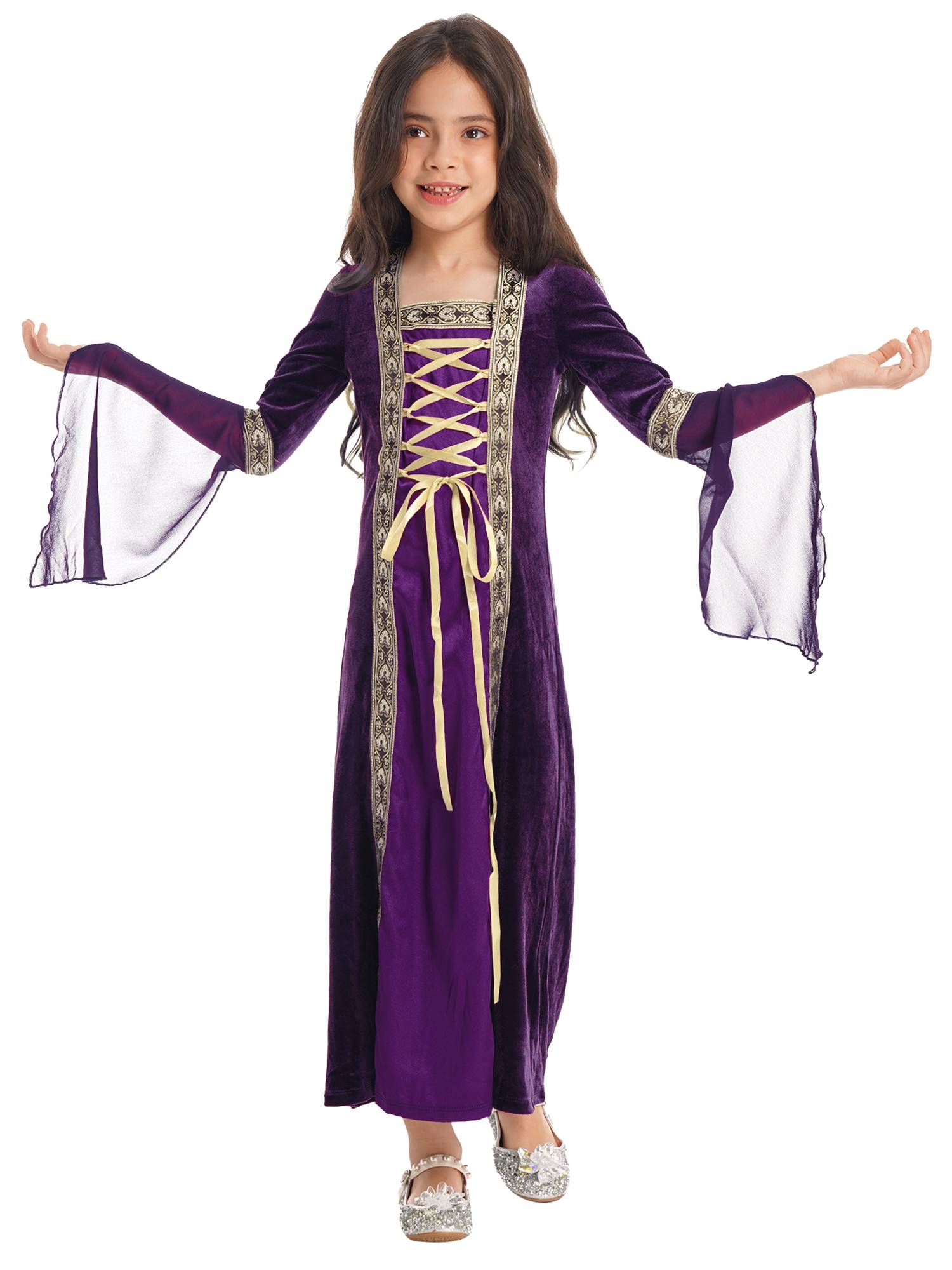 Kids Girls Long Sleeves Embroidered Vintage Renaissance Midi Dress