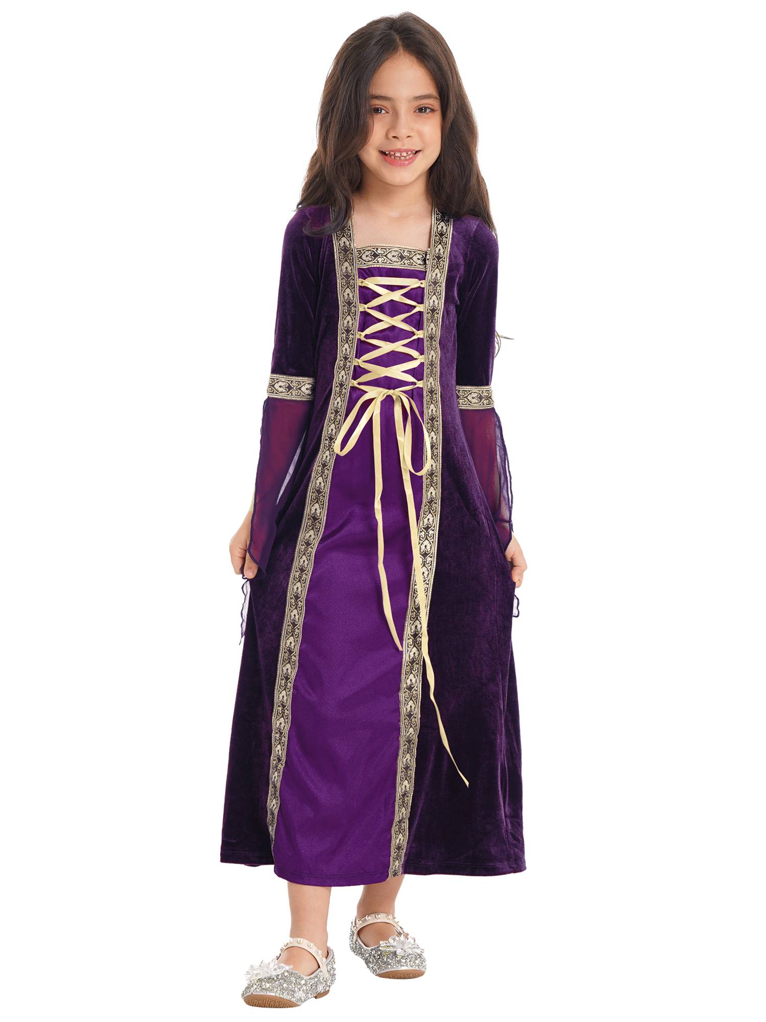Kids Girls Long Sleeves Embroidered Vintage Renaissance Midi Dress