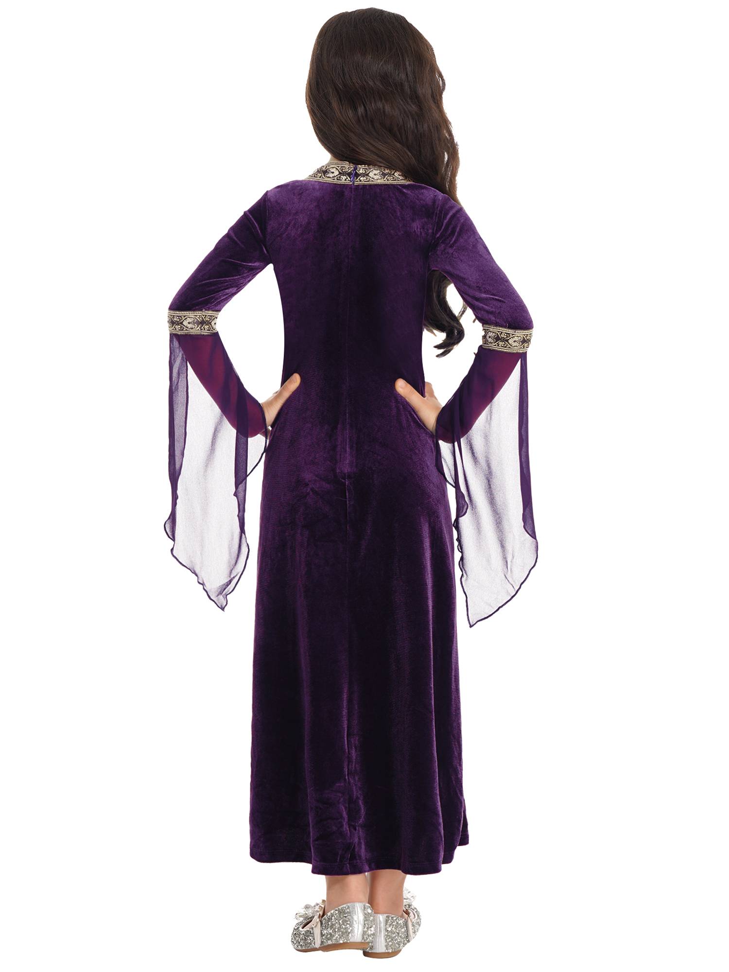 Kids Girls Long Sleeves Embroidered Vintage Renaissance Midi Dress