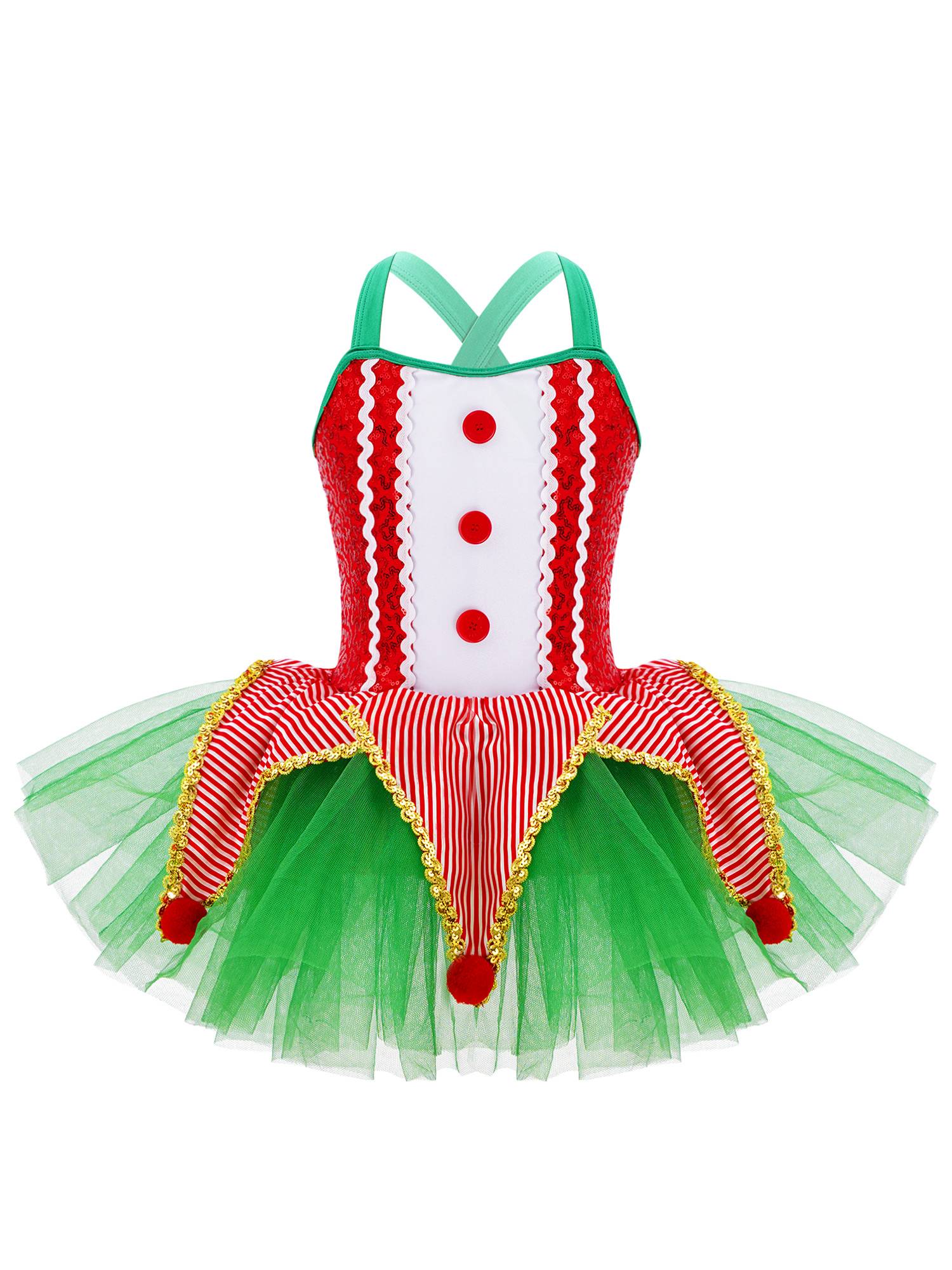 Kids Girls Christmas Sleeveless Crisscross Back Sequins Mesh Tutu Dress