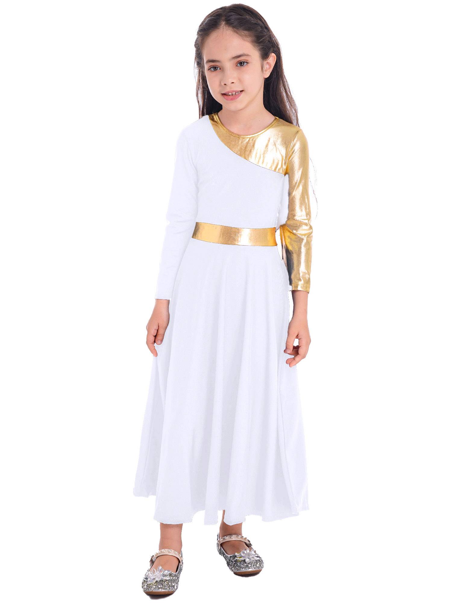 Kids Girls Bell Sleeve Praise Church Worship Dance Loose Midi Dress