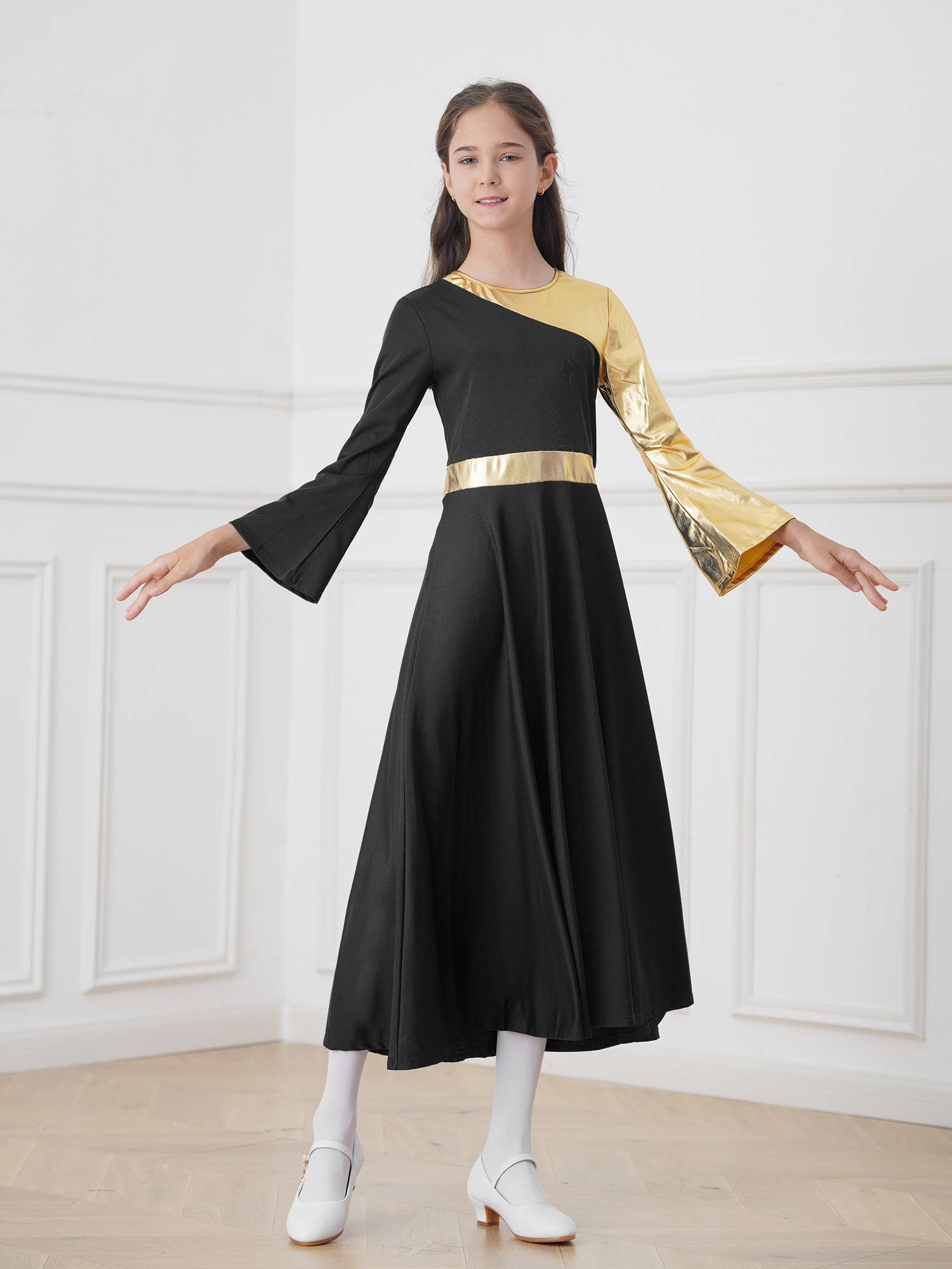 Kids Girls Bell Sleeve Praise Church Worship Dance Loose Midi Dress