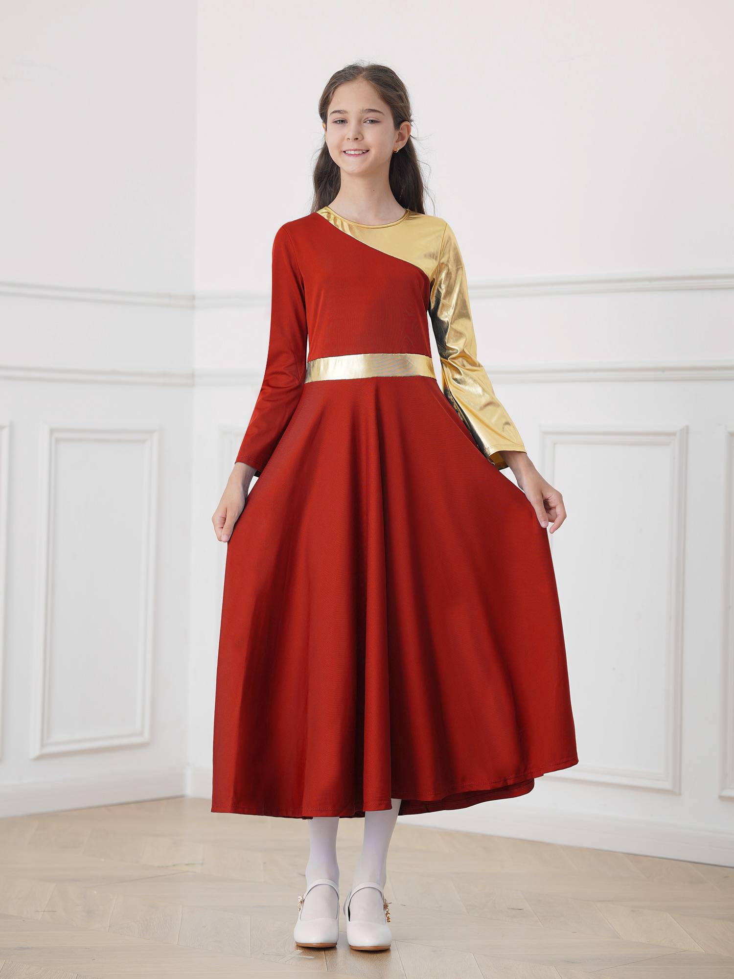 Kids Girls Bell Sleeve Praise Church Worship Dance Loose Midi Dress