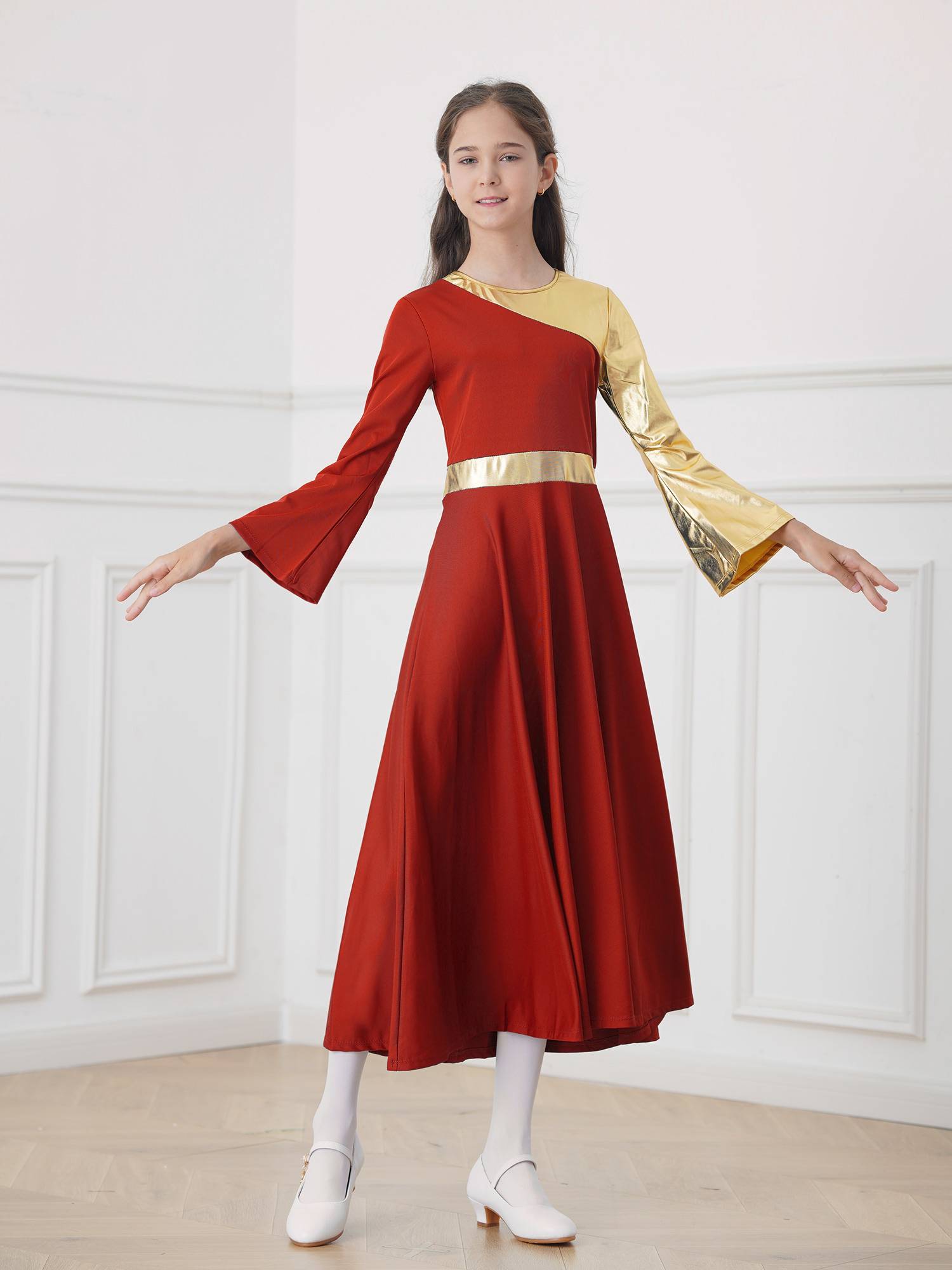 Kids Girls Bell Sleeve Praise Church Worship Dance Loose Midi Dress