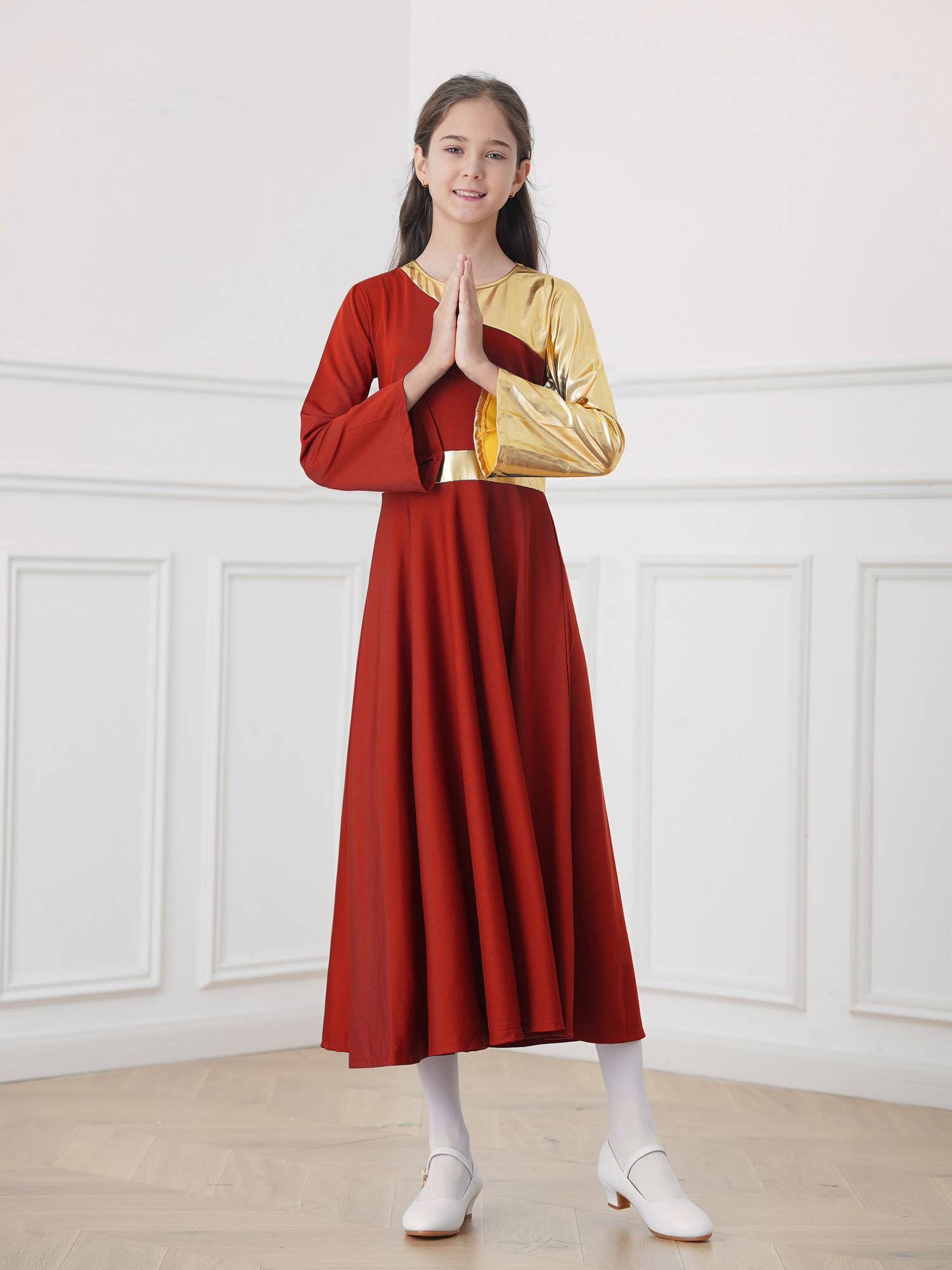 Kids Girls Bell Sleeve Praise Church Worship Dance Loose Midi Dress