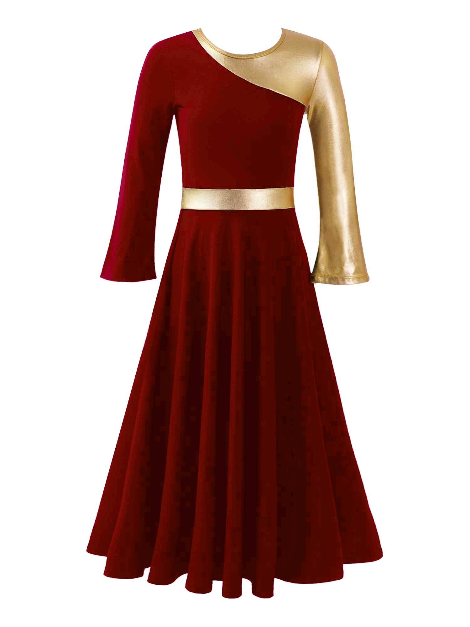 Kids Girls Bell Sleeve Praise Church Worship Dance Loose Midi Dress