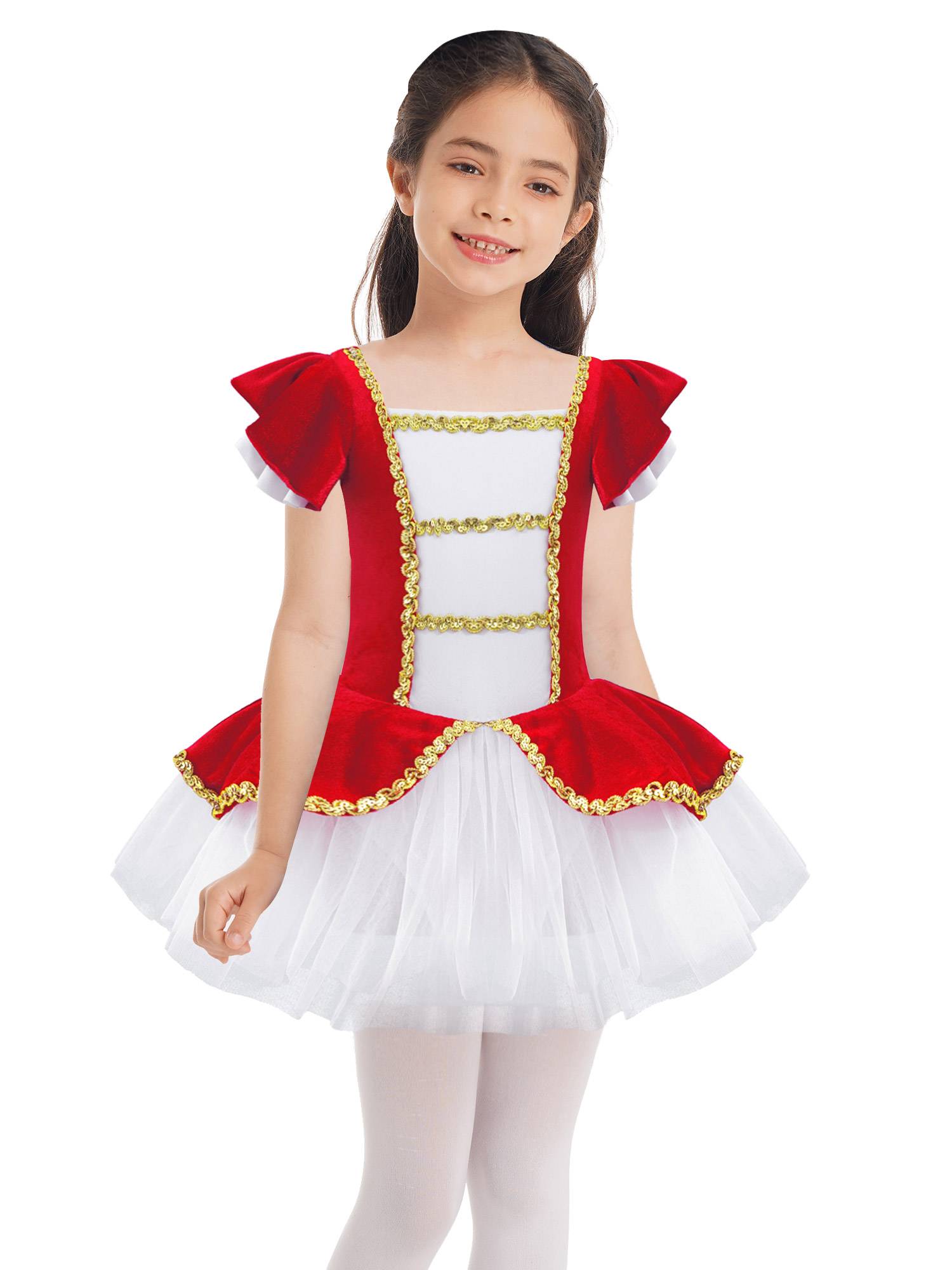 Kids Girls Square Neck Short Sleeves Sequin Leotard Dress