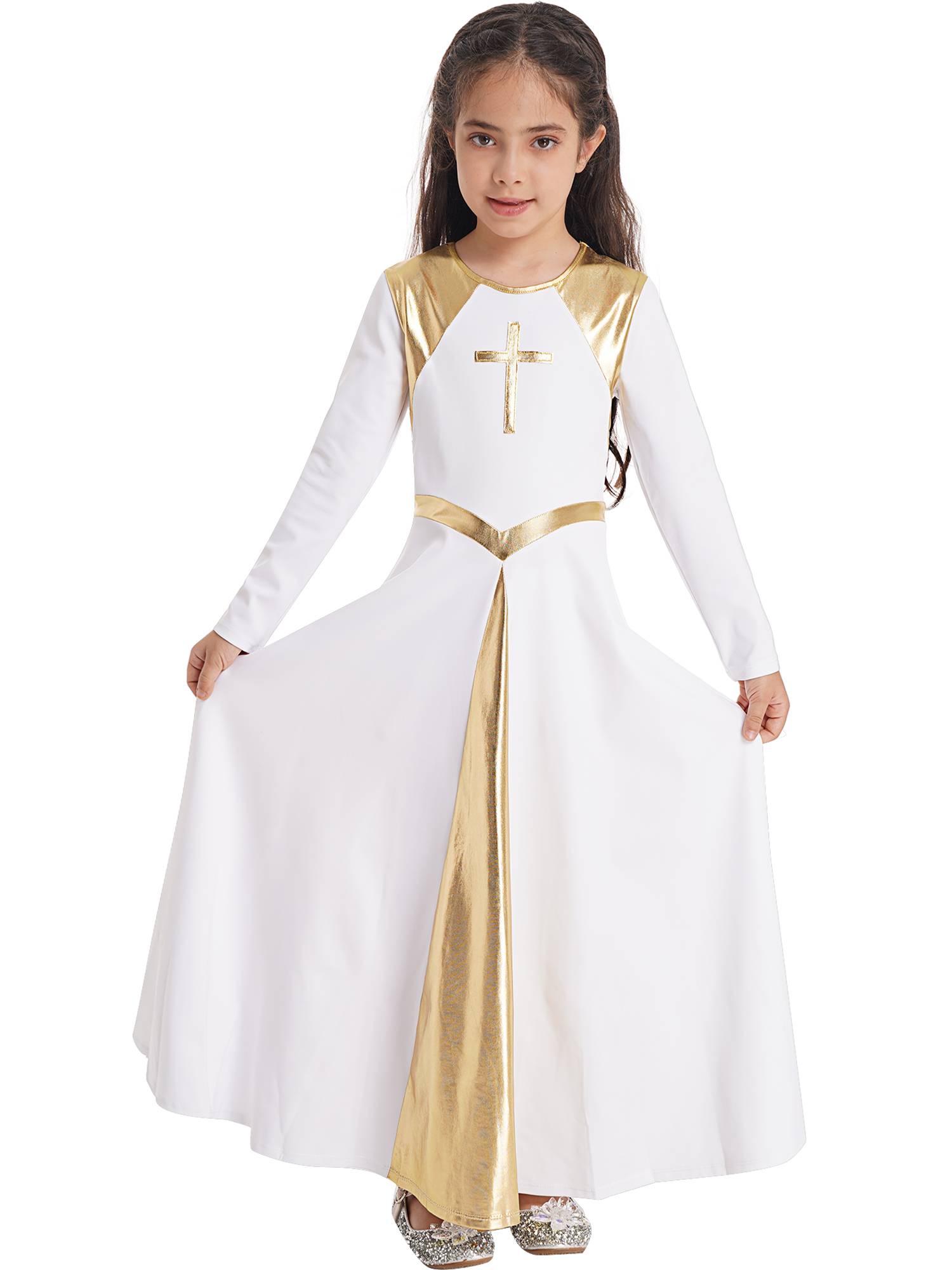 Kids Girls Long Sleeve Cross Pattern Liturgical Praise Dance Dress Choir Robe