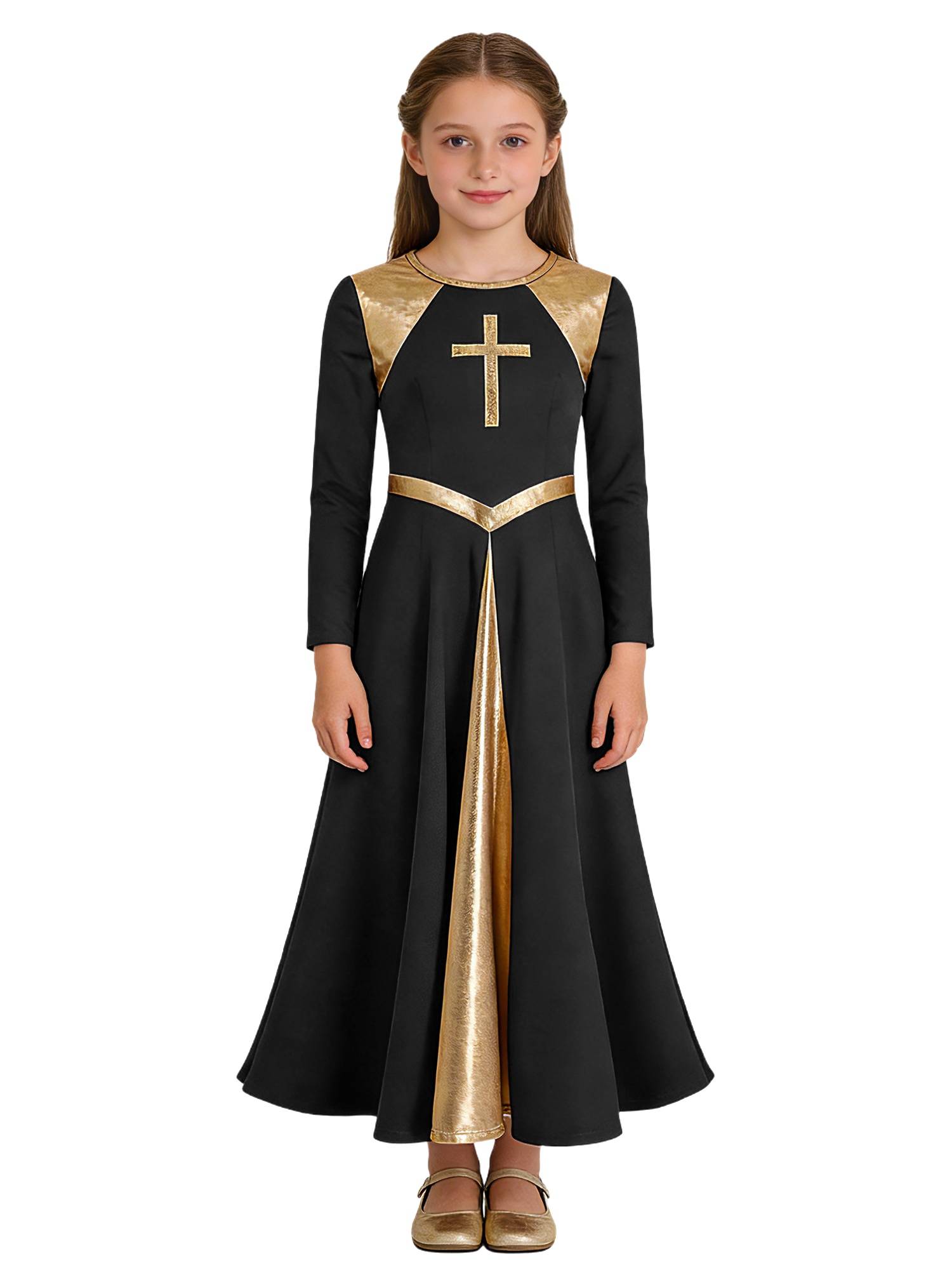 Kids Girls Long Sleeve Cross Pattern Liturgical Praise Dance Dress Choir Robe