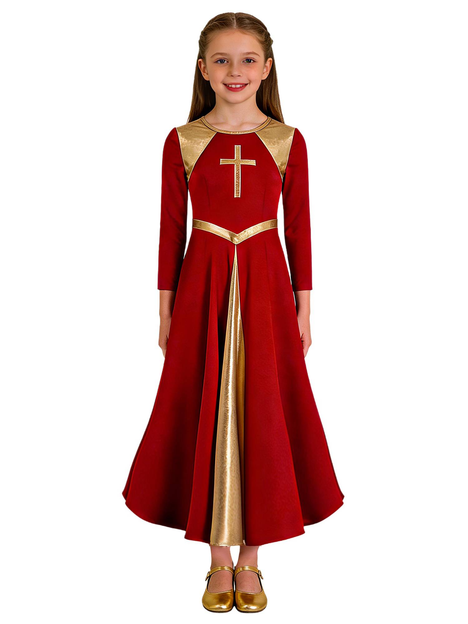 Kids Girls Long Sleeve Cross Pattern Liturgical Praise Dance Dress Choir Robe