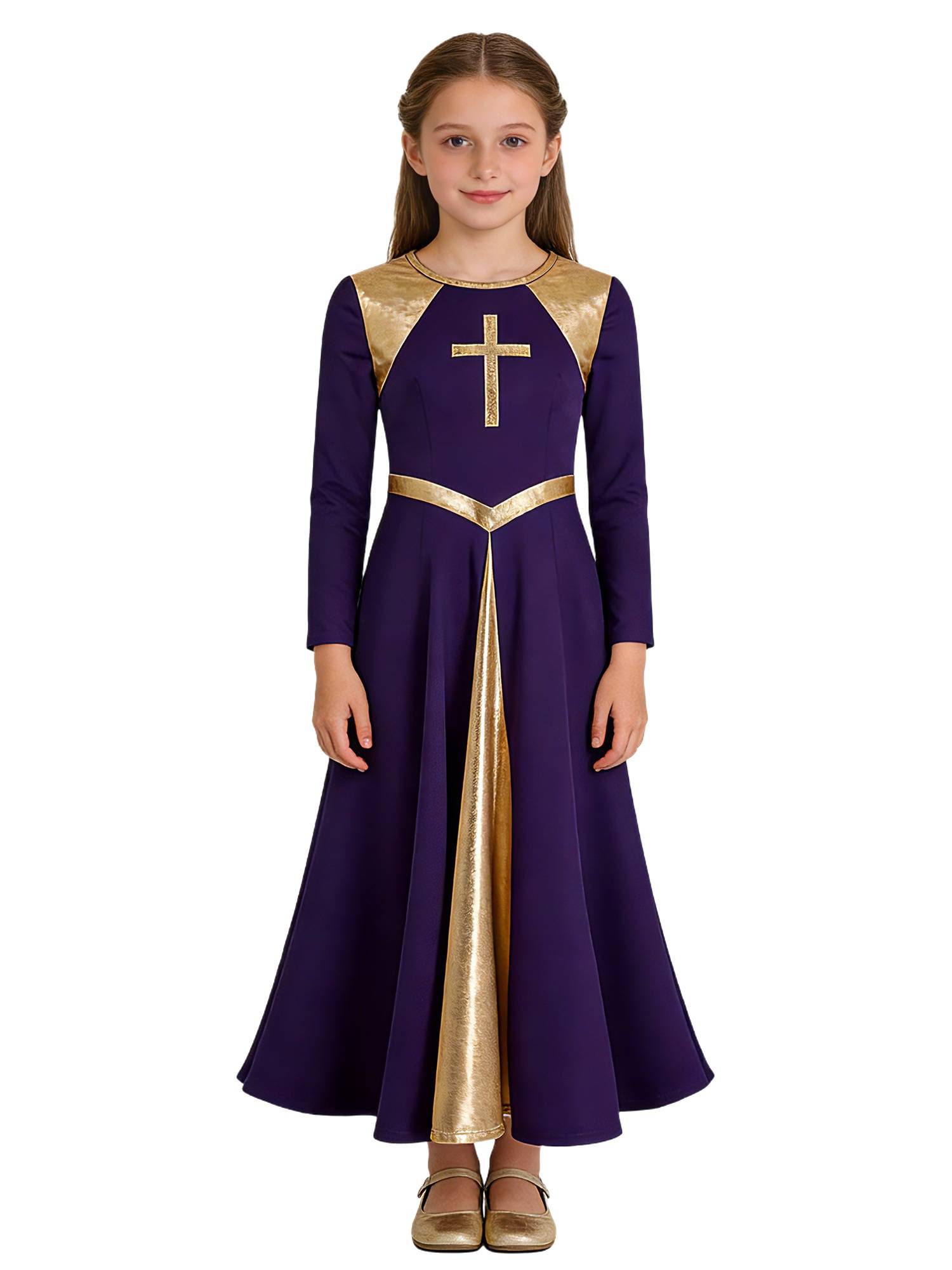 Kids Girls Long Sleeve Cross Pattern Liturgical Praise Dance Dress Choir Robe