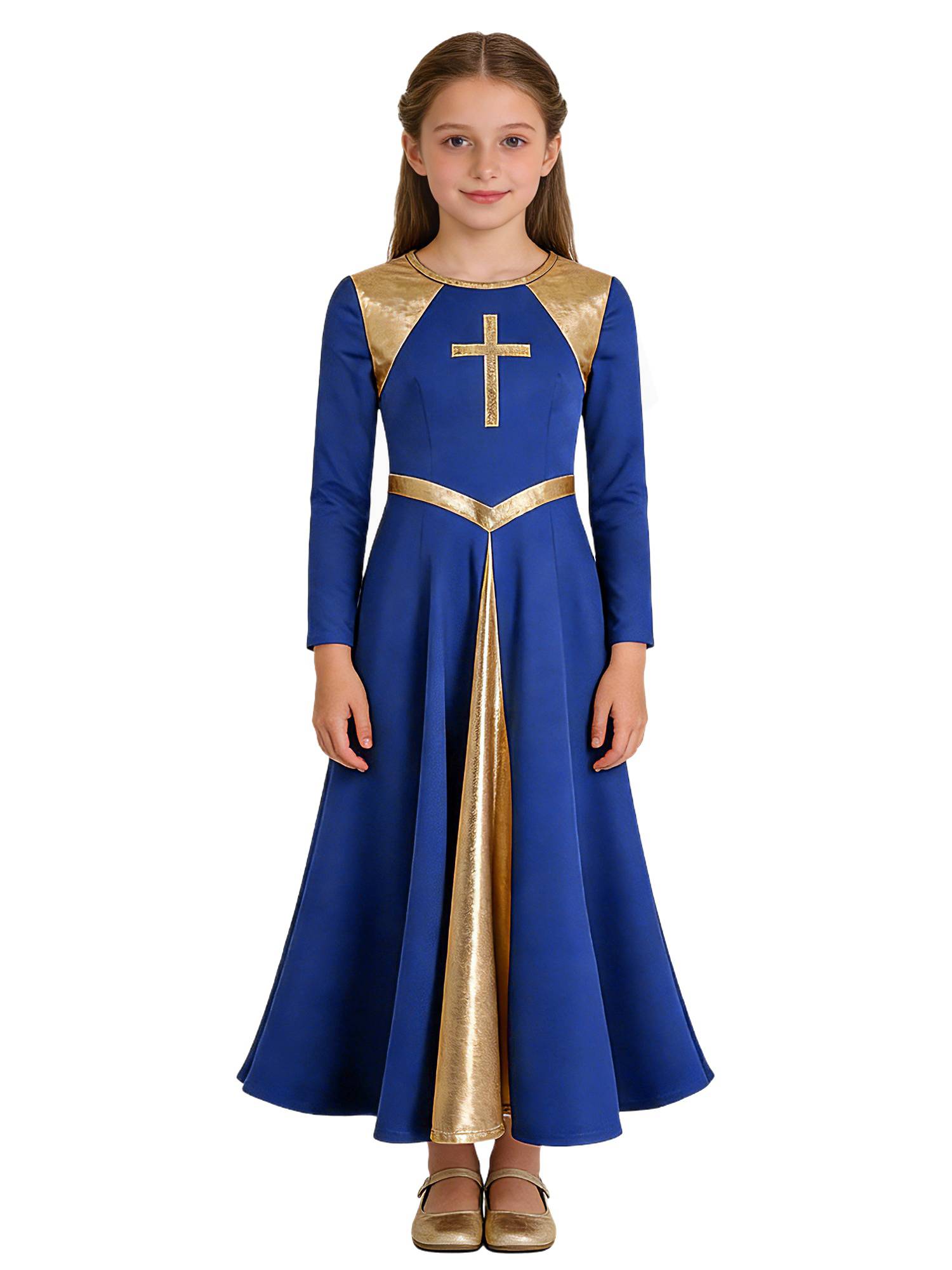 Kids Girls Long Sleeve Cross Pattern Liturgical Praise Dance Dress Choir Robe