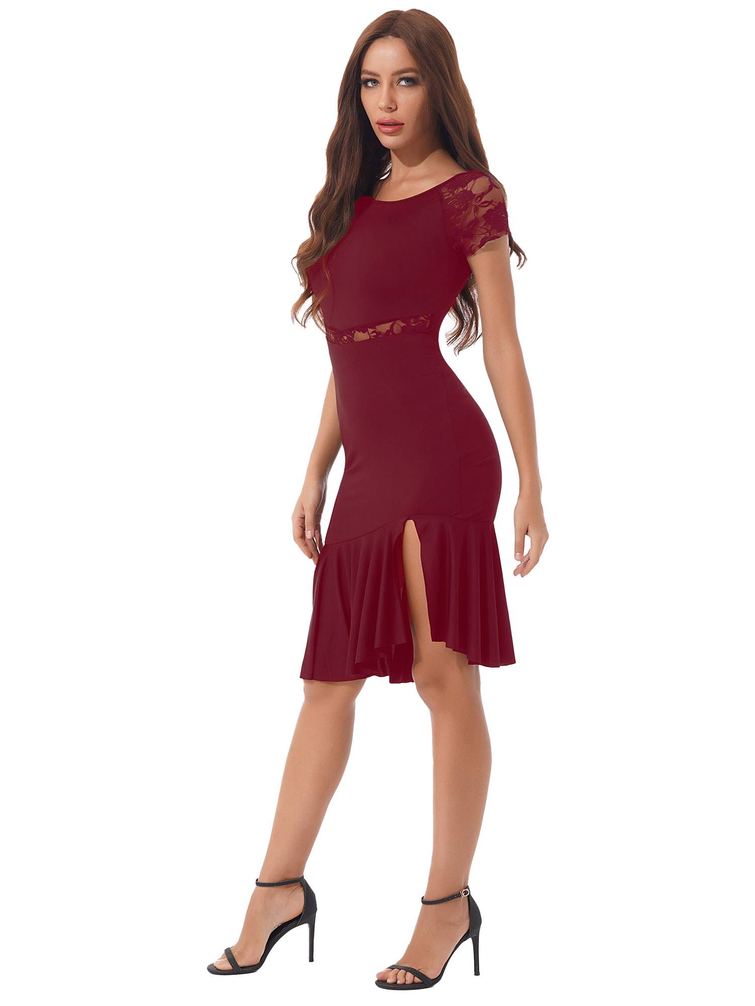 Women Floral Lace Side Slit Latin Jazz Dance Dress