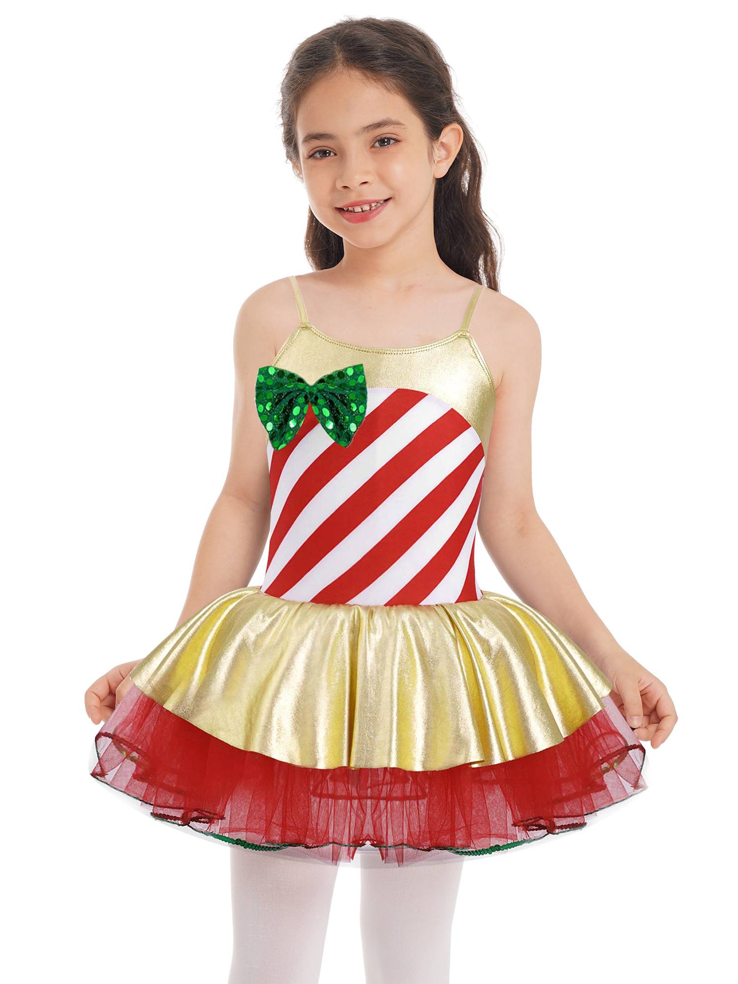 Kids Girls Christmas Stripes Print Sequins Bowknot Mesh Cami Tutu Dress