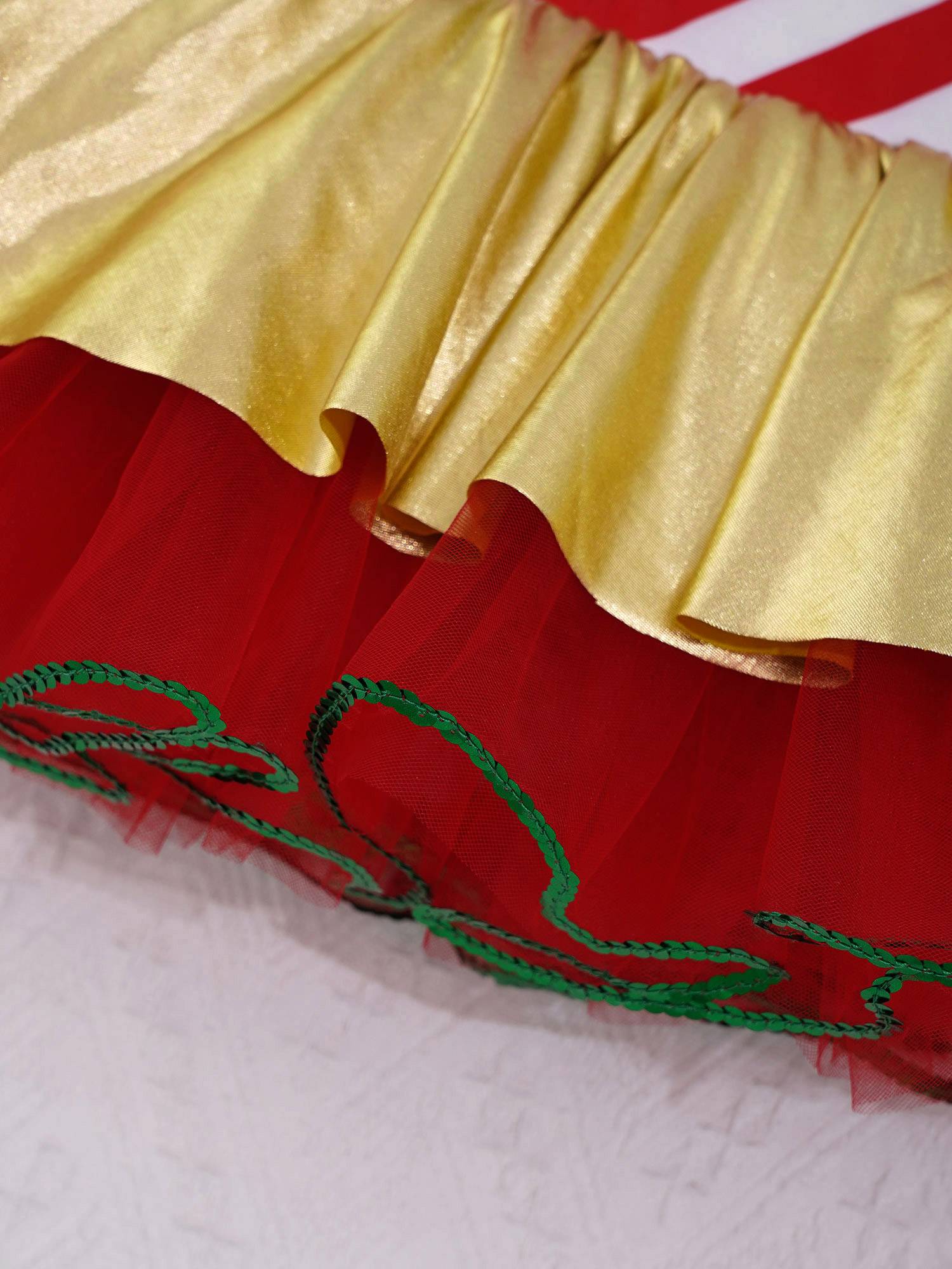 Kids Girls Christmas Stripes Print Sequins Bowknot Mesh Cami Tutu Dress