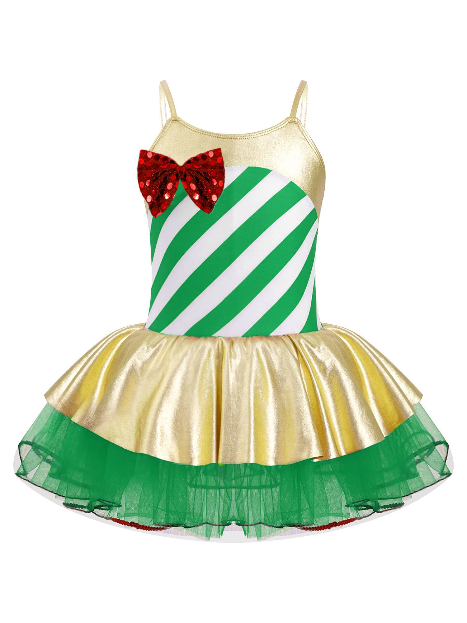 Kids Girls Christmas Stripes Print Sequins Bowknot Mesh Cami Tutu Dress