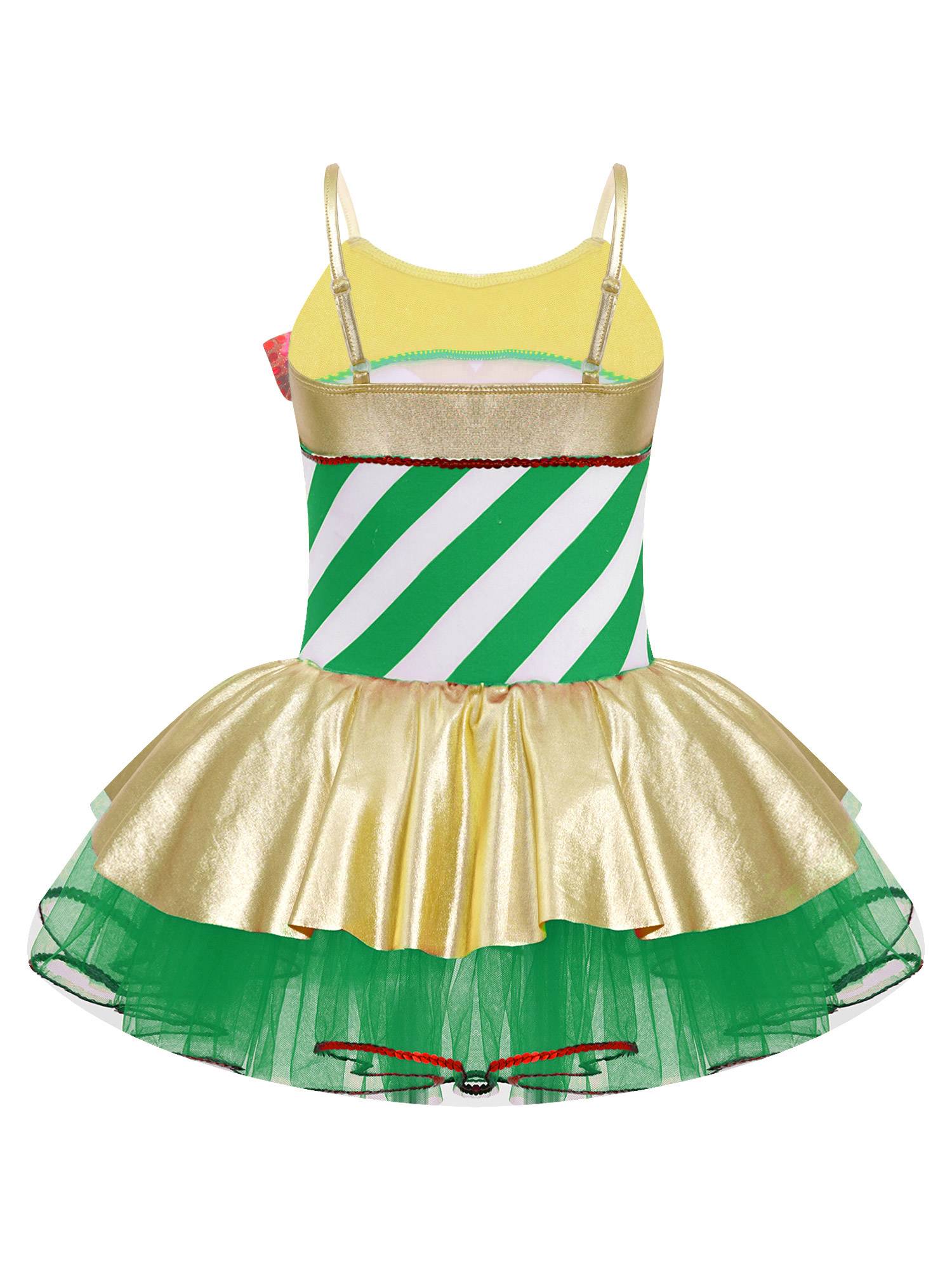Kids Girls Christmas Stripes Print Sequins Bowknot Mesh Cami Tutu Dress
