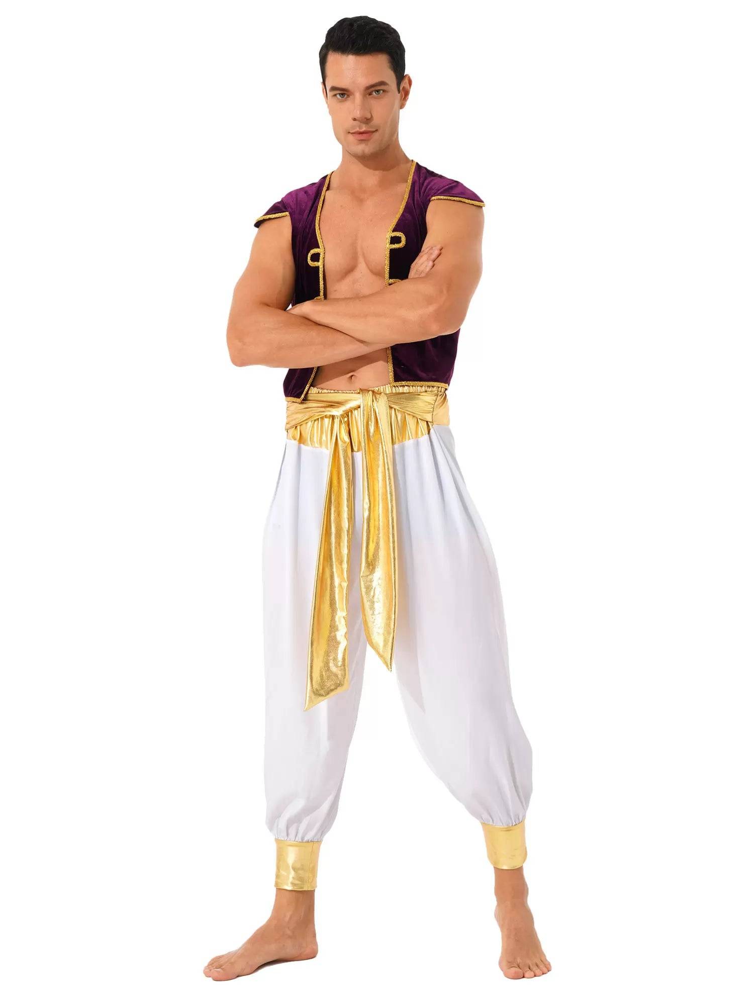 Men 2pcs Arabian Prince Costume Cap Sleeve Vest and Pants Set