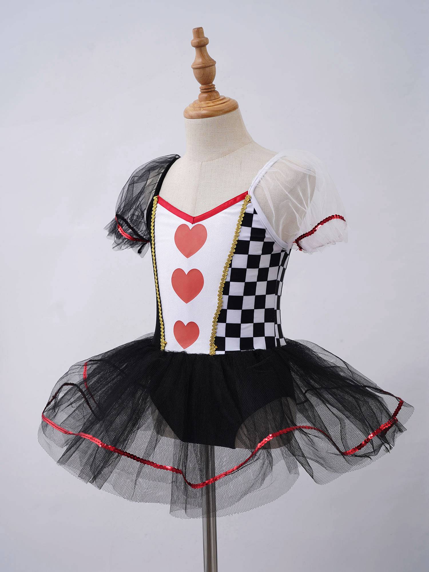 Kids Girls Puff Sleeves Hearts and Checkboard Print Mesh Tutu Dress