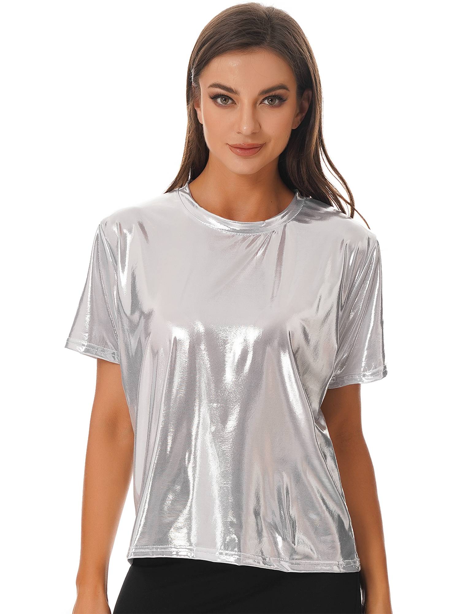 Women Metallic Short Sleeve T-shirt for Dance Party