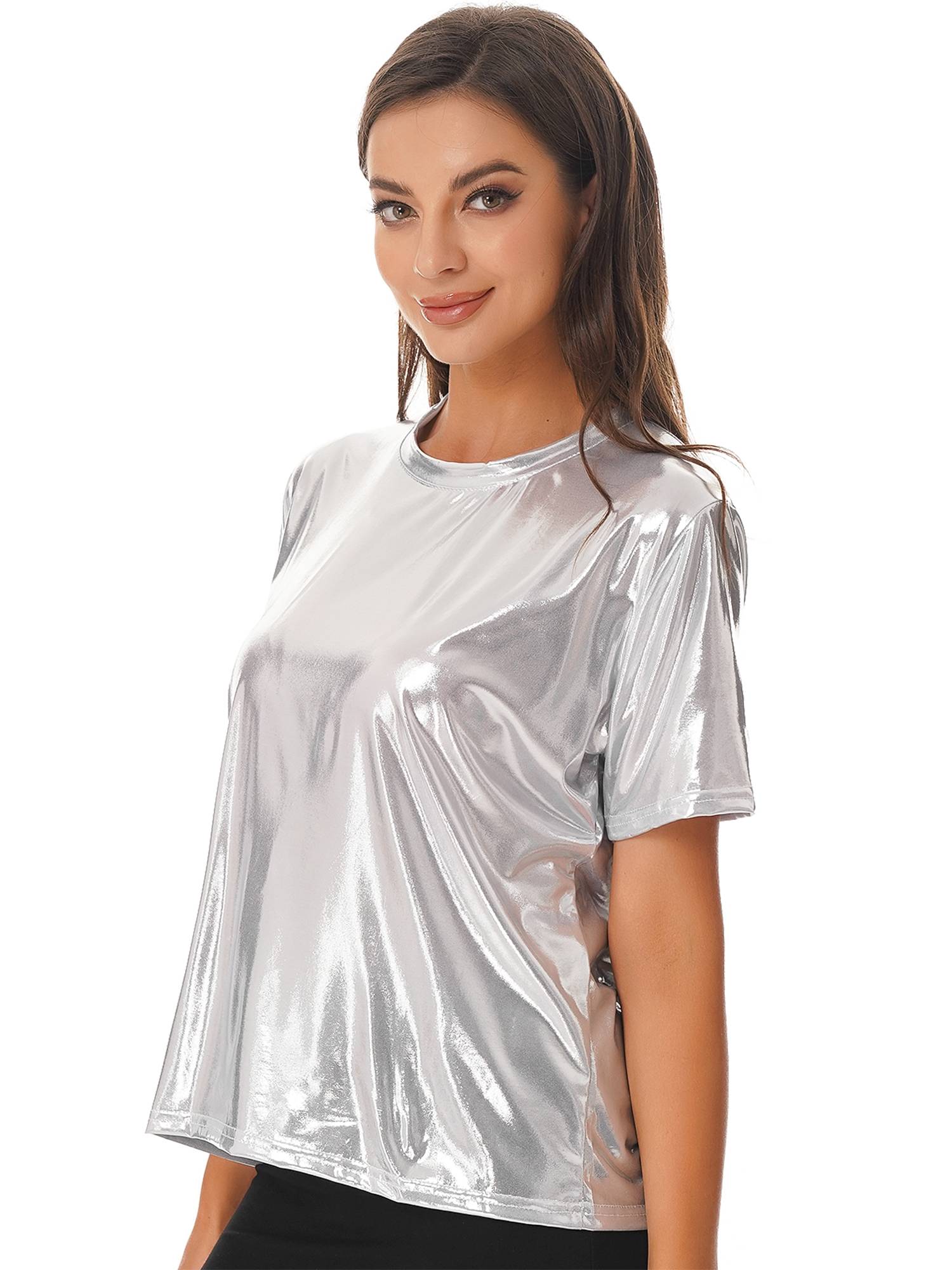 Women Metallic Short Sleeve T-shirt for Dance Party