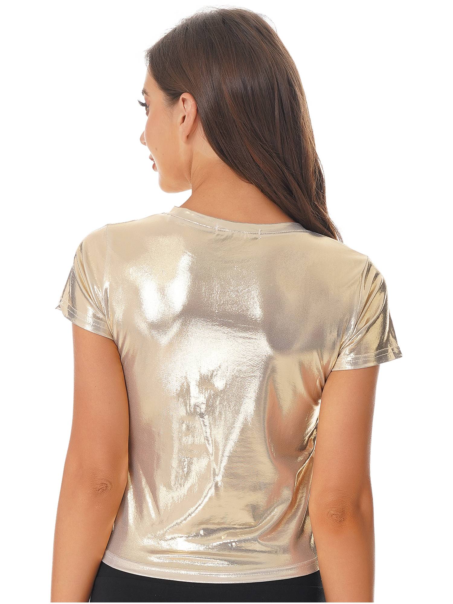 Women Metallic Short Sleeve T-shirt for Dance Party